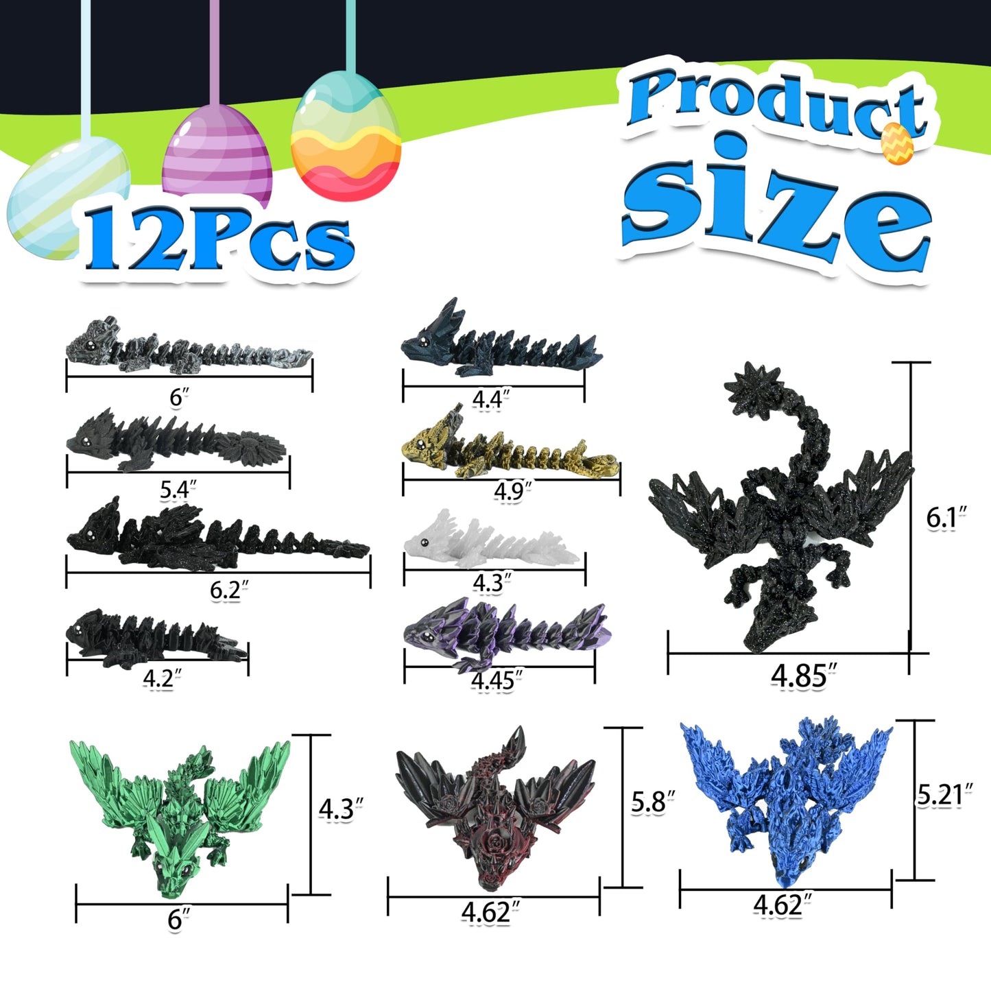 Cybermaker 12-Piece Black Series Dragon Set | Articulated 3D Printed Dragons for Desk Decor & Fidget Toys