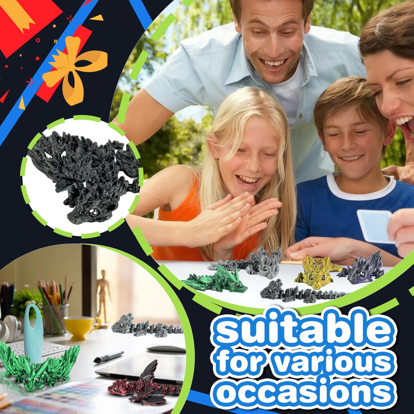 Cybermaker 12-Piece Black Series Dragon Set | Articulated 3D Printed Dragons for Desk Decor & Fidget Toys