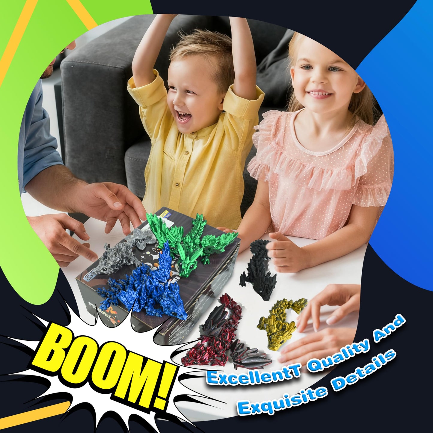 Cybermaker 12-Piece Black Series Dragon Set | Articulated 3D Printed Dragons for Desk Decor & Fidget Toys