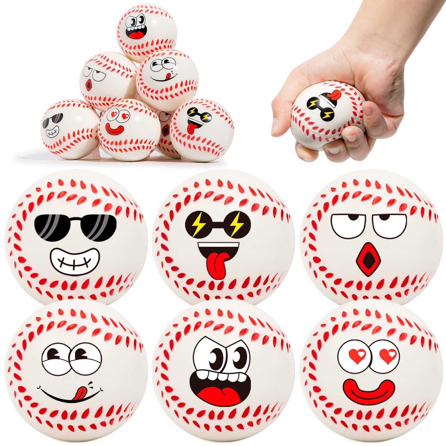 Cyclescrux 12-Pack Cute Face Baseball Squeeze Balls – 2.5-Inch Foam Stress Toys