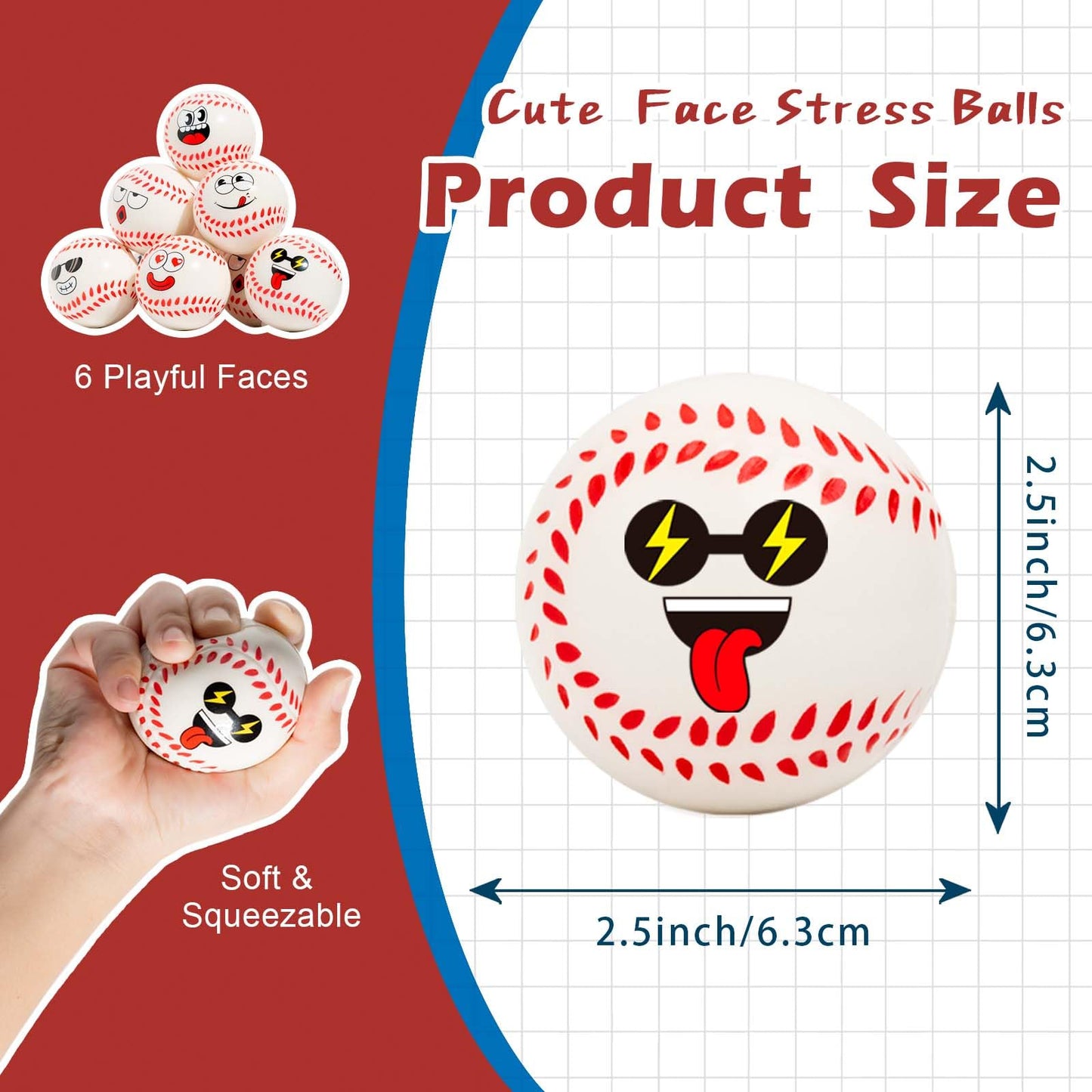 Cyclescrux 12-Pack Cute Face Baseball Squeeze Balls – 2.5-Inch Foam Stress Toys