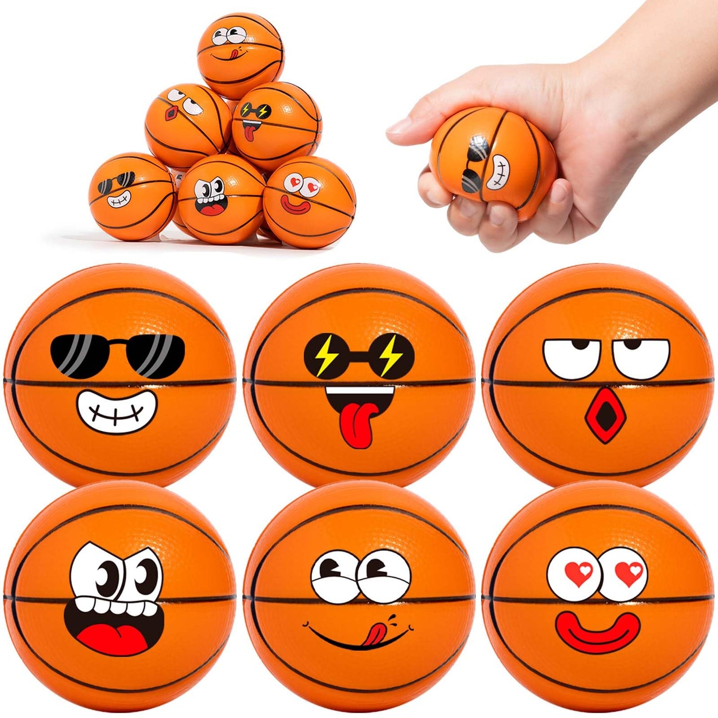 CYCLESCRUX 12-Pack Cute Face Basketball Squeeze Balls – 2.5 in Foam Stress Toys