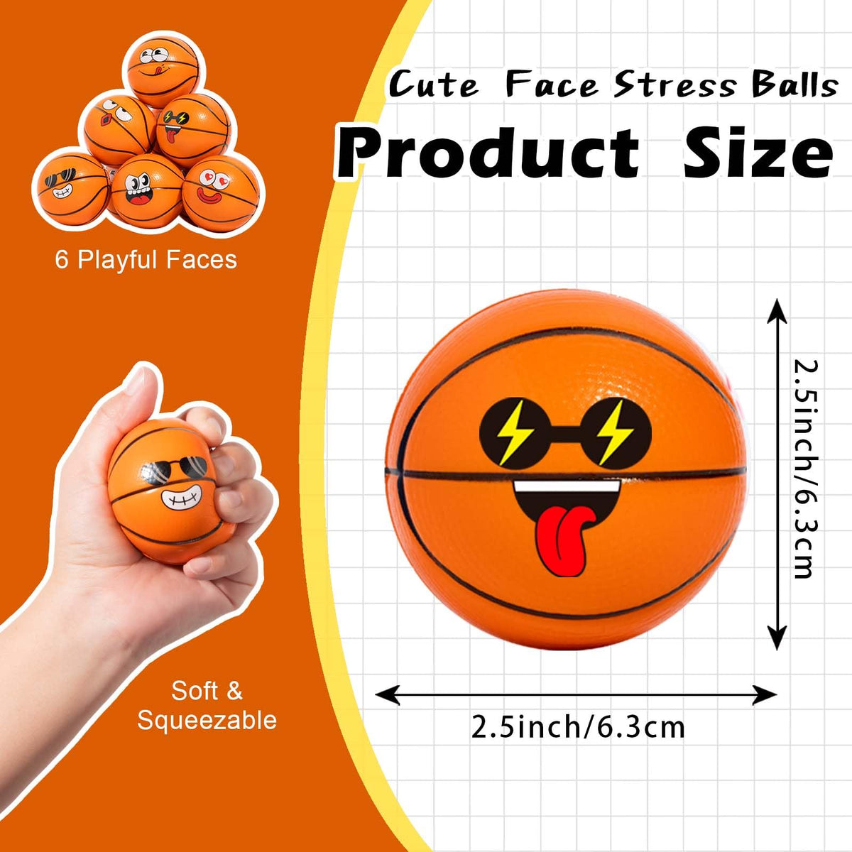 CYCLESCRUX 12-Pack Cute Face Basketball Squeeze Balls – 2.5 in Foam Stress Toys