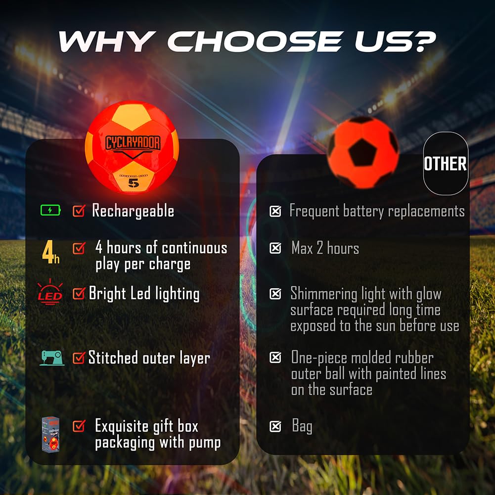 Cyclryador Rechargeable Glow Soccer Ball Size 5 – Light Up with Pump & USB Cable