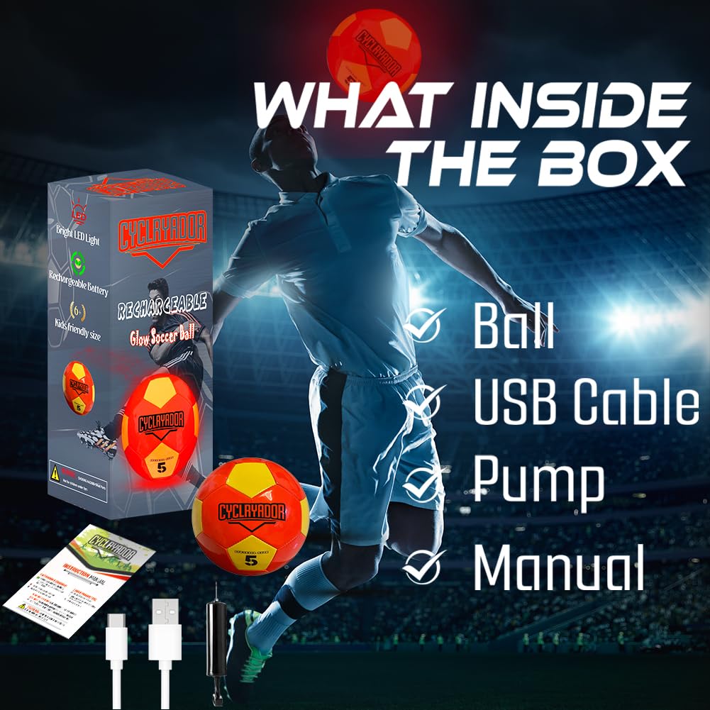 Cyclryador Rechargeable Glow Soccer Ball Size 5 – Light Up with Pump & USB Cable