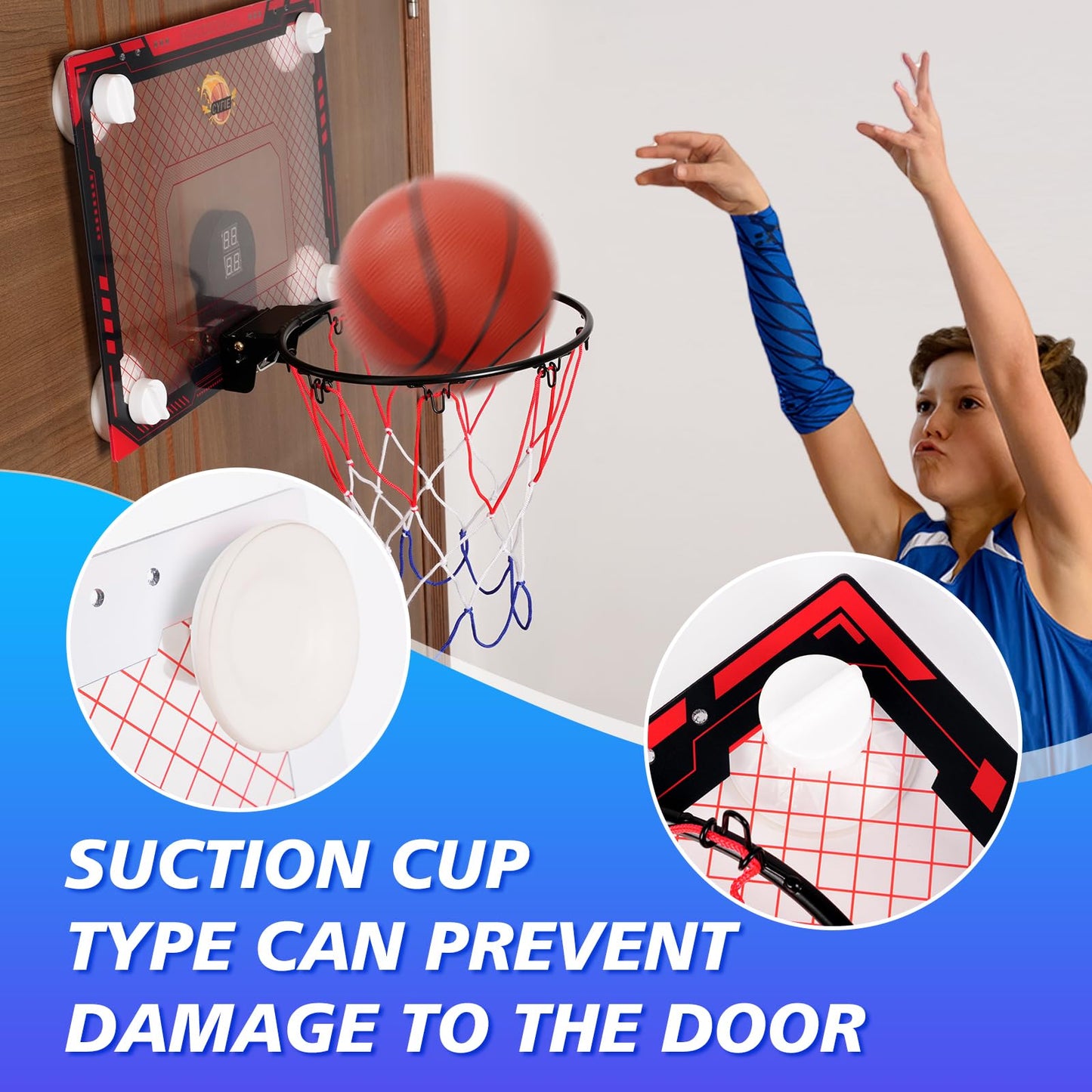 CYFIE Suction Cup Basketball Hoop – Indoor Mini Hoop with Scoreboard, 3 Balls, No-Drill Setup