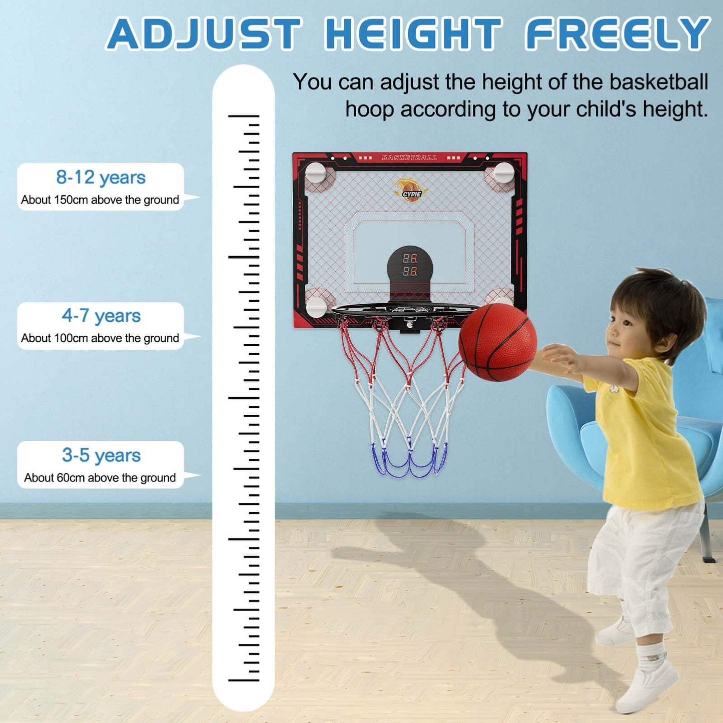 CYFIE Suction Cup Basketball Hoop – Indoor Mini Hoop with Scoreboard, 3 Balls, No-Drill Setup