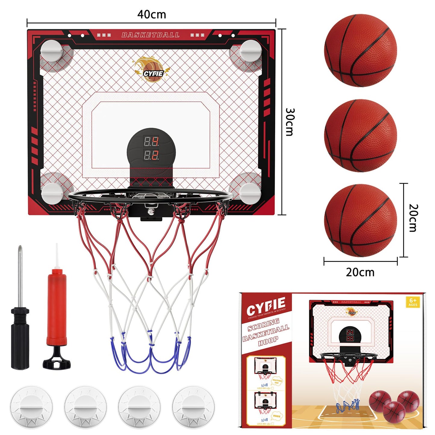CYFIE Suction Cup Basketball Hoop – Indoor Mini Hoop with Scoreboard, 3 Balls, No-Drill Setup