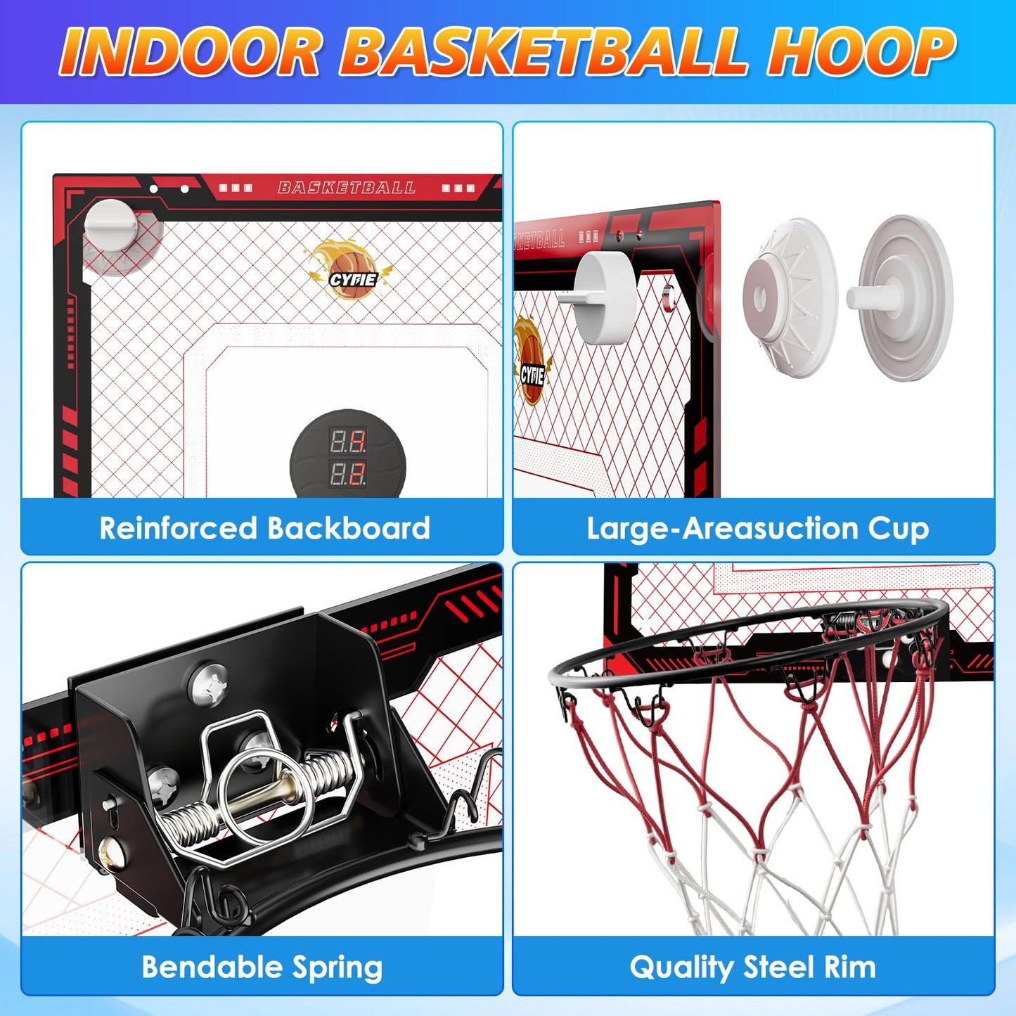 CYFIE Suction Cup Basketball Hoop – Indoor Mini Hoop with Scoreboard, 3 Balls, No-Drill Setup