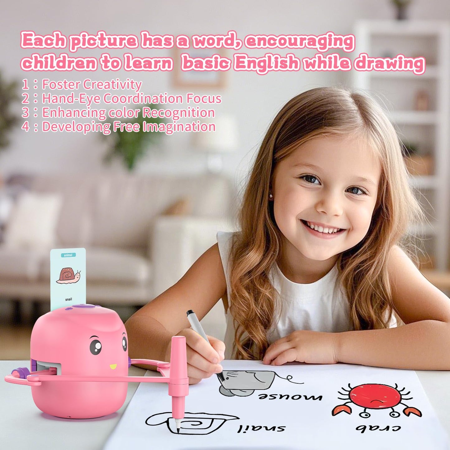 CYJBE Interactive Educational Drawing Robot for Kids – Montessori Learning Toy with 150 Cards, Voice Interaction (Pink)