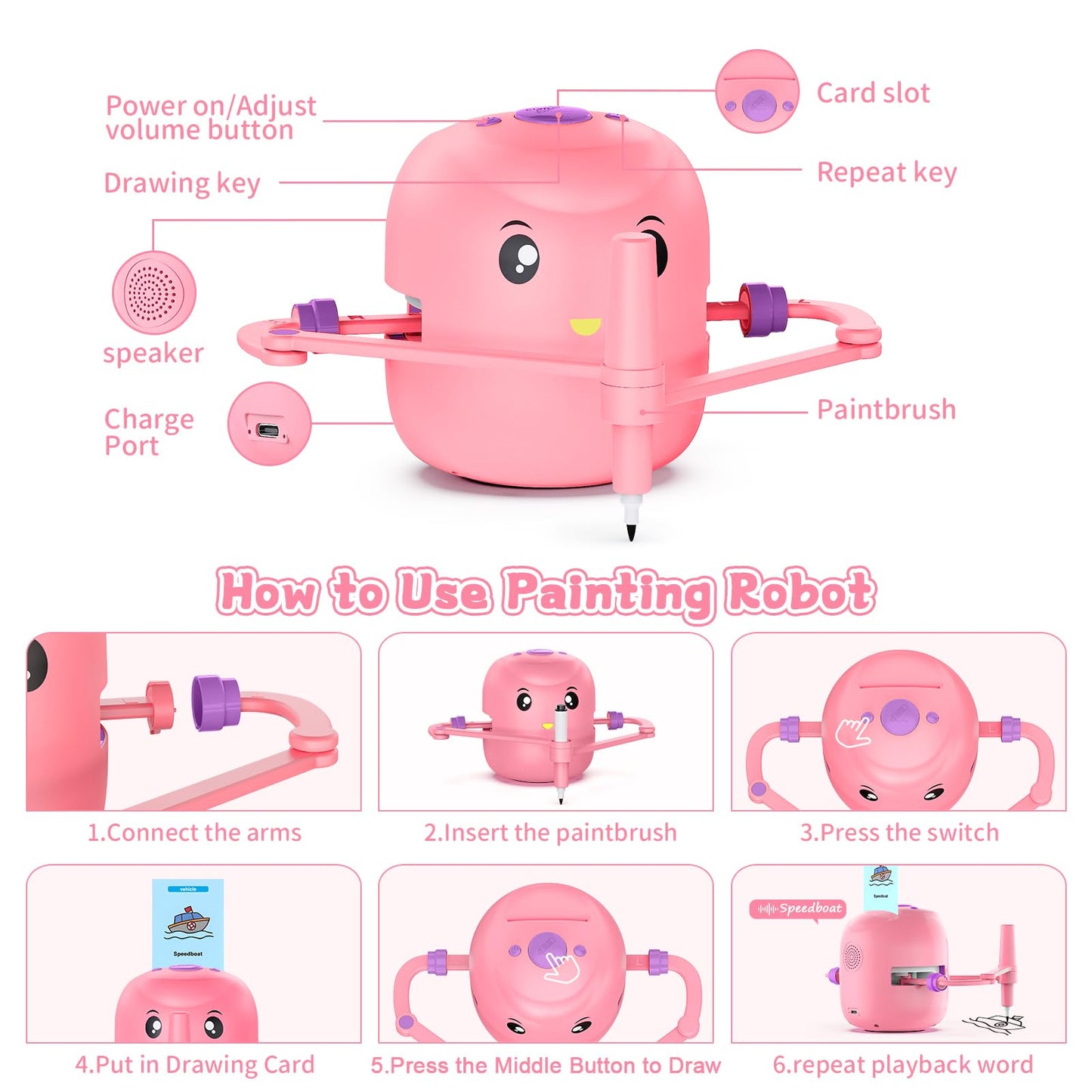 CYJBE Interactive Educational Drawing Robot for Kids – Montessori Learning Toy with 150 Cards, Voice Interaction (Pink)