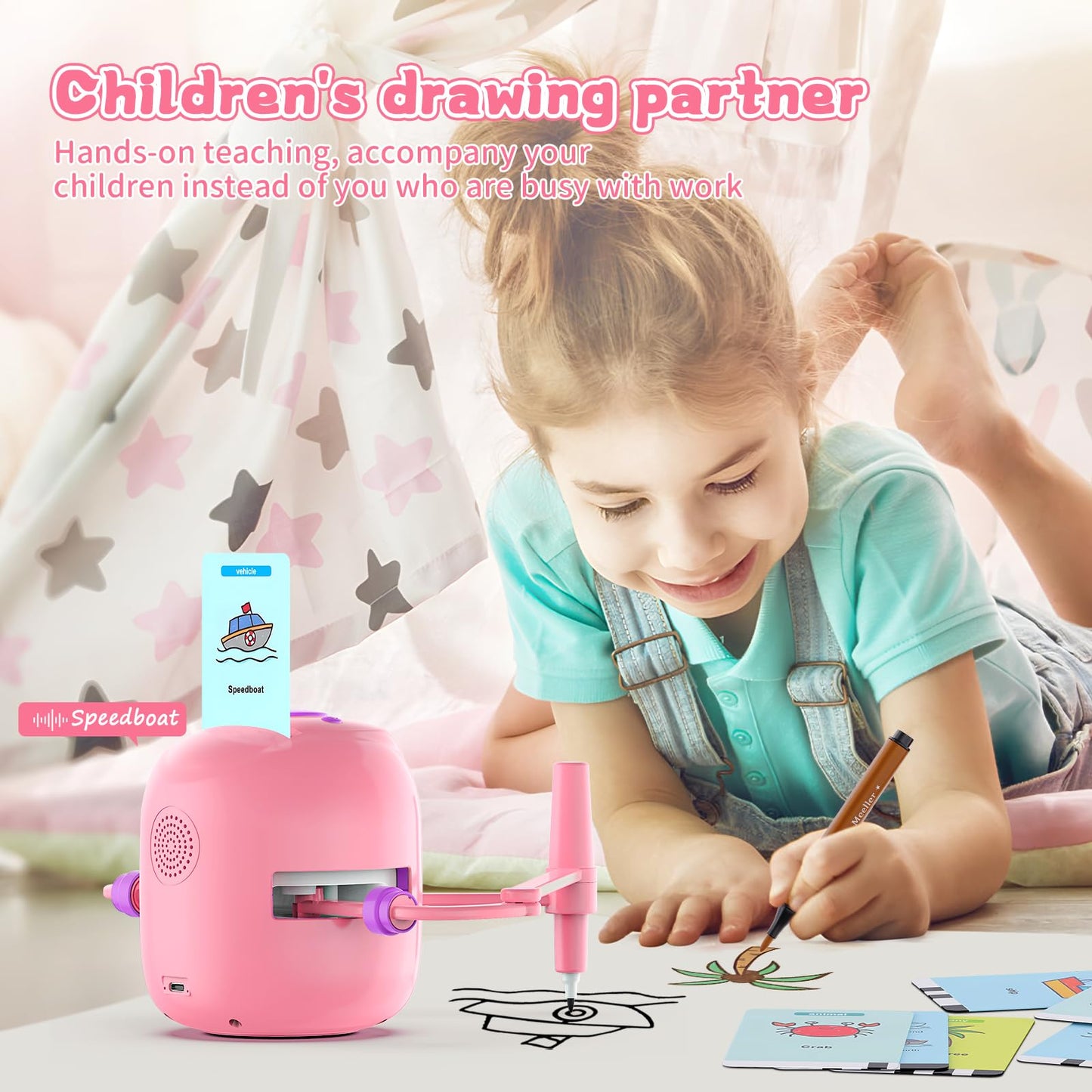 CYJBE Interactive Educational Drawing Robot for Kids – Montessori Learning Toy with 150 Cards, Voice Interaction (Pink)