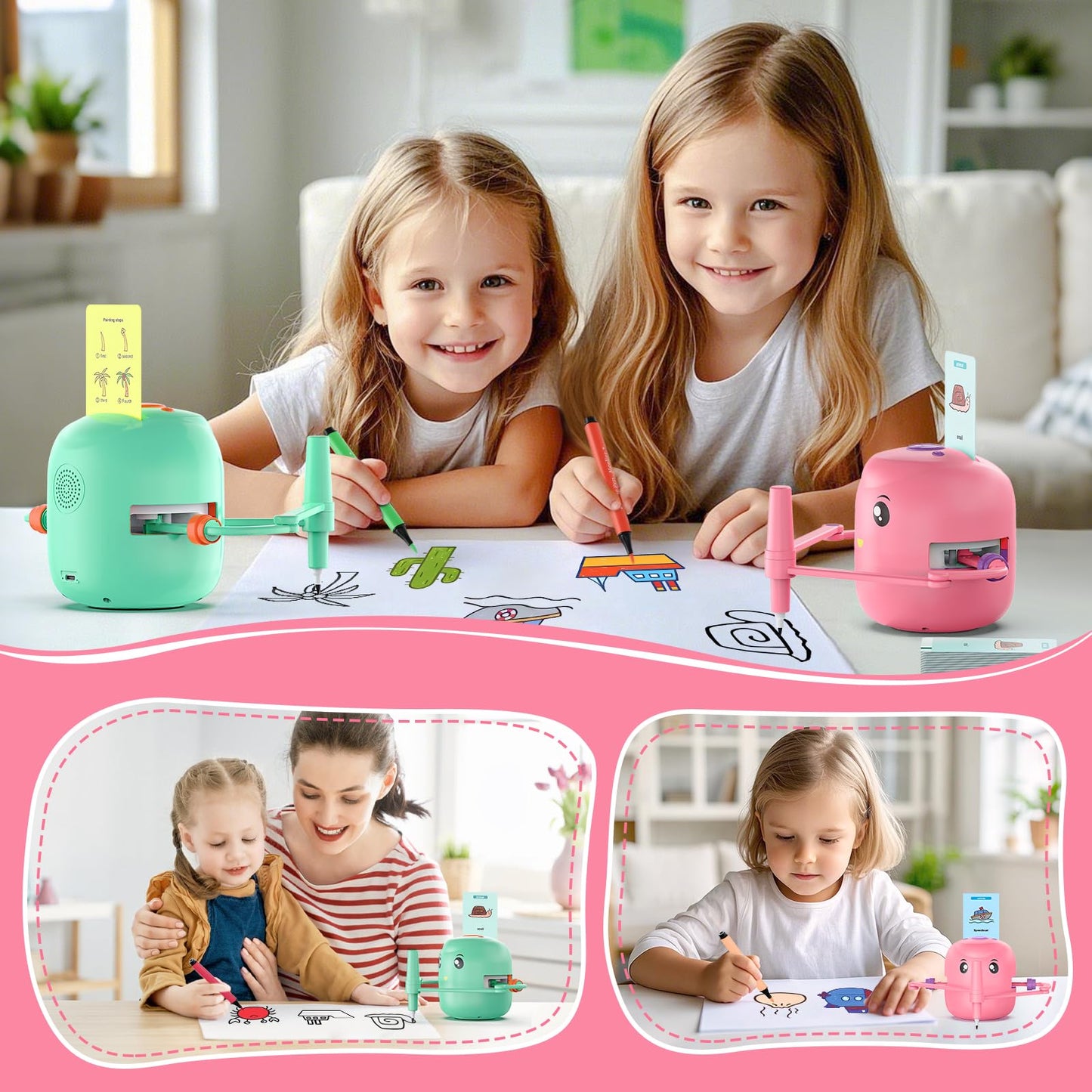 CYJBE Interactive Educational Drawing Robot for Kids – Montessori Learning Toy with 150 Cards, Voice Interaction (Pink)