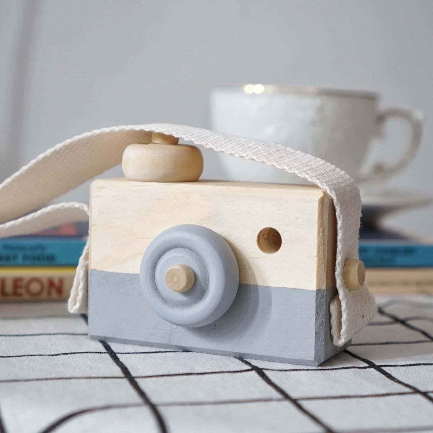 Cynzia Baby Toy Wooden Mini Camera - Gray, Neck-Hanging, Safe Paint, Portable Pretend Play Prop