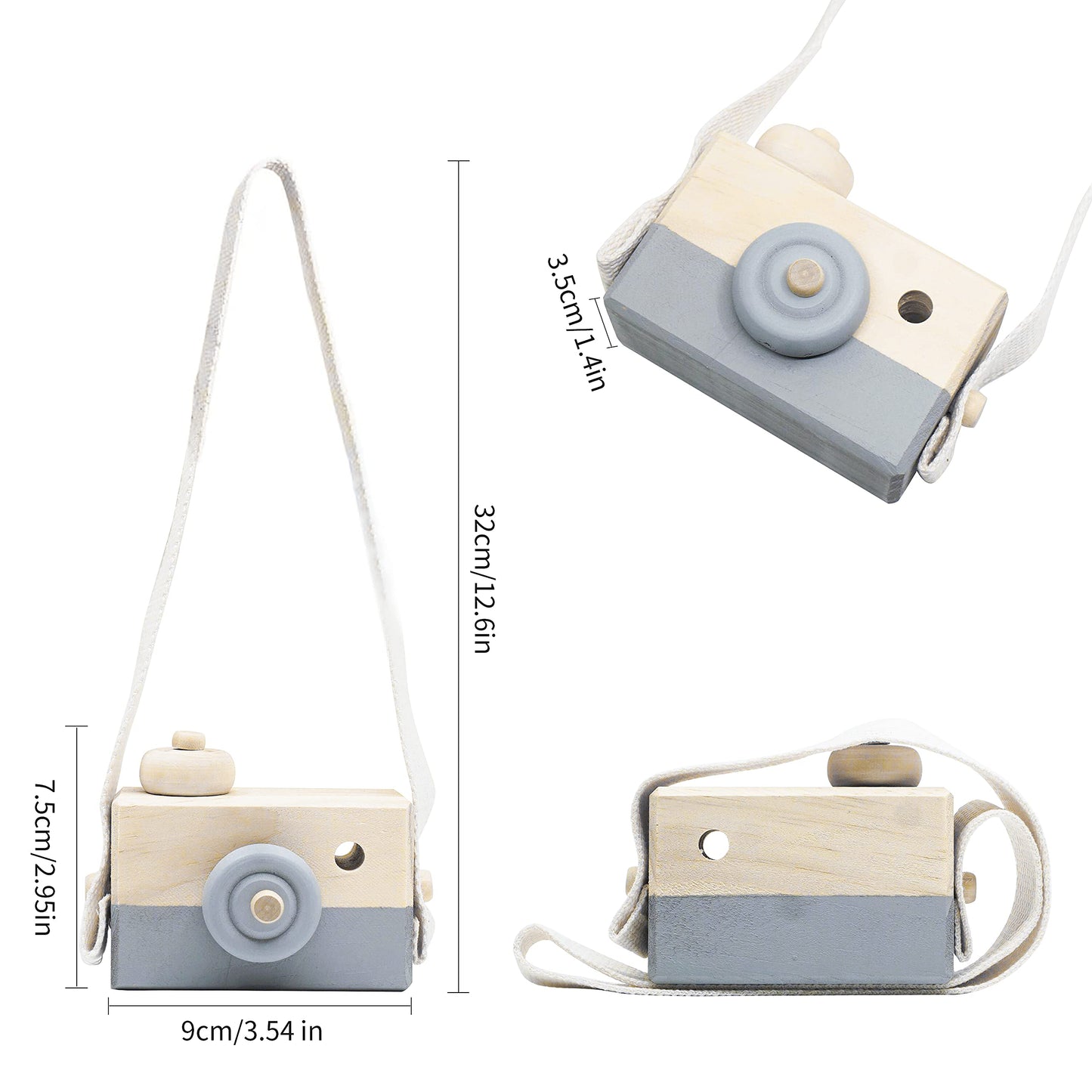 Cynzia Baby Toy Wooden Mini Camera - Gray, Neck-Hanging, Safe Paint, Portable Pretend Play Prop