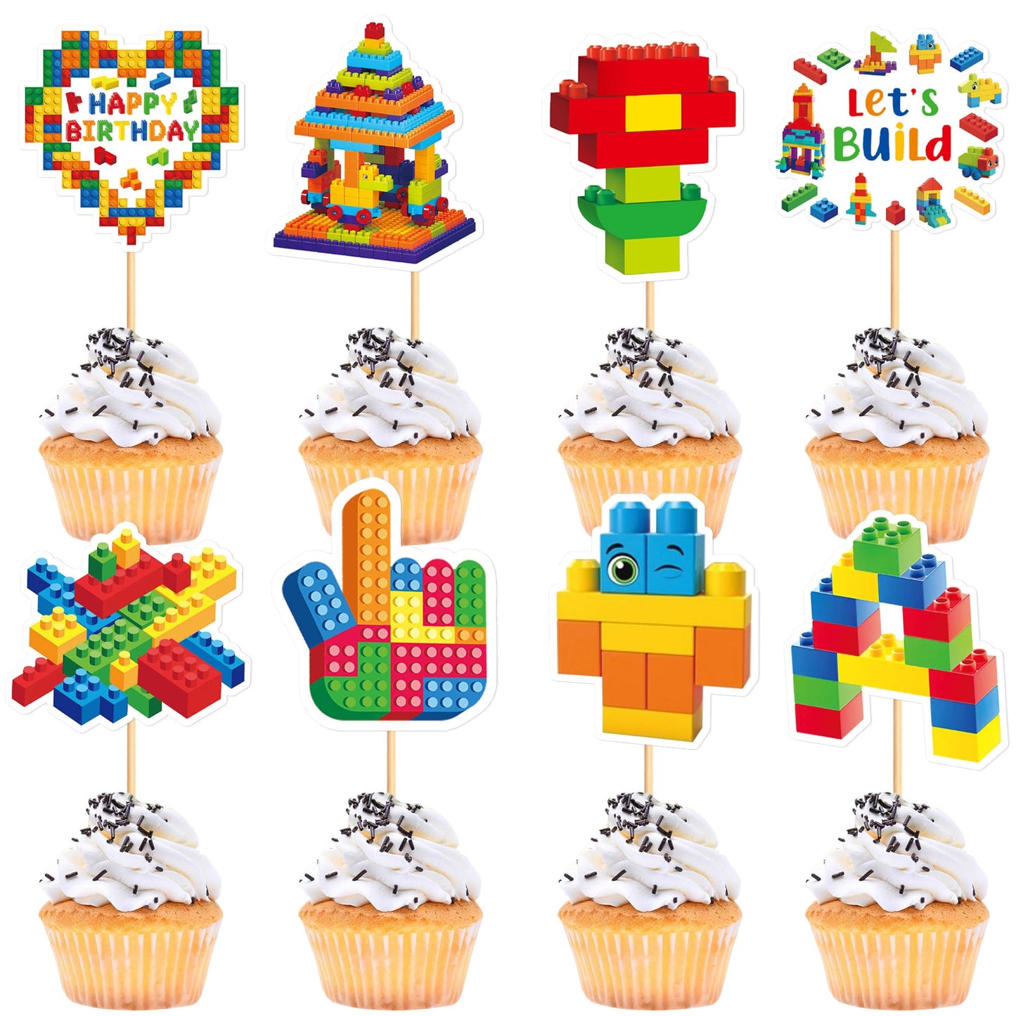 Cyodoos 24Pcs Building Block Cupcake Toppers – Brick Theme Birthday Party Decor