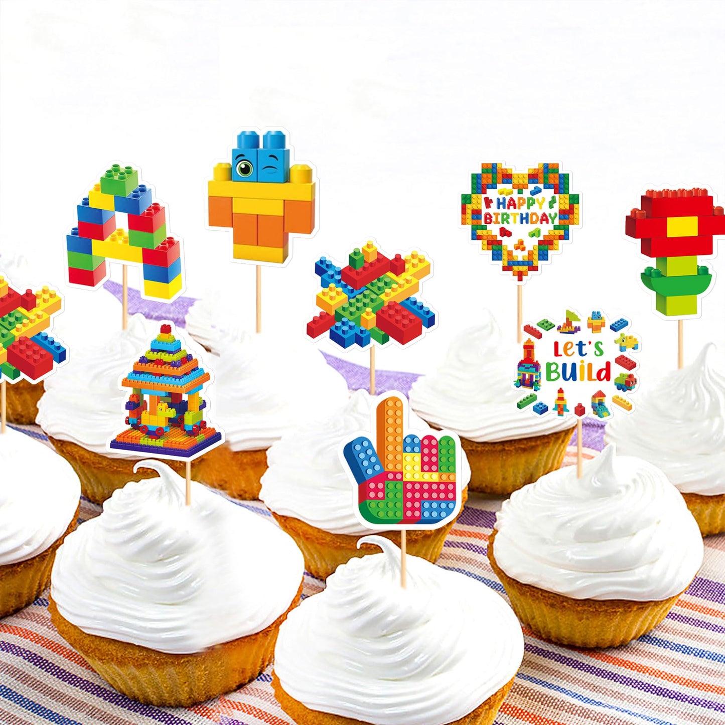 Cyodoos 24Pcs Building Block Cupcake Toppers – Brick Theme Birthday Party Decor