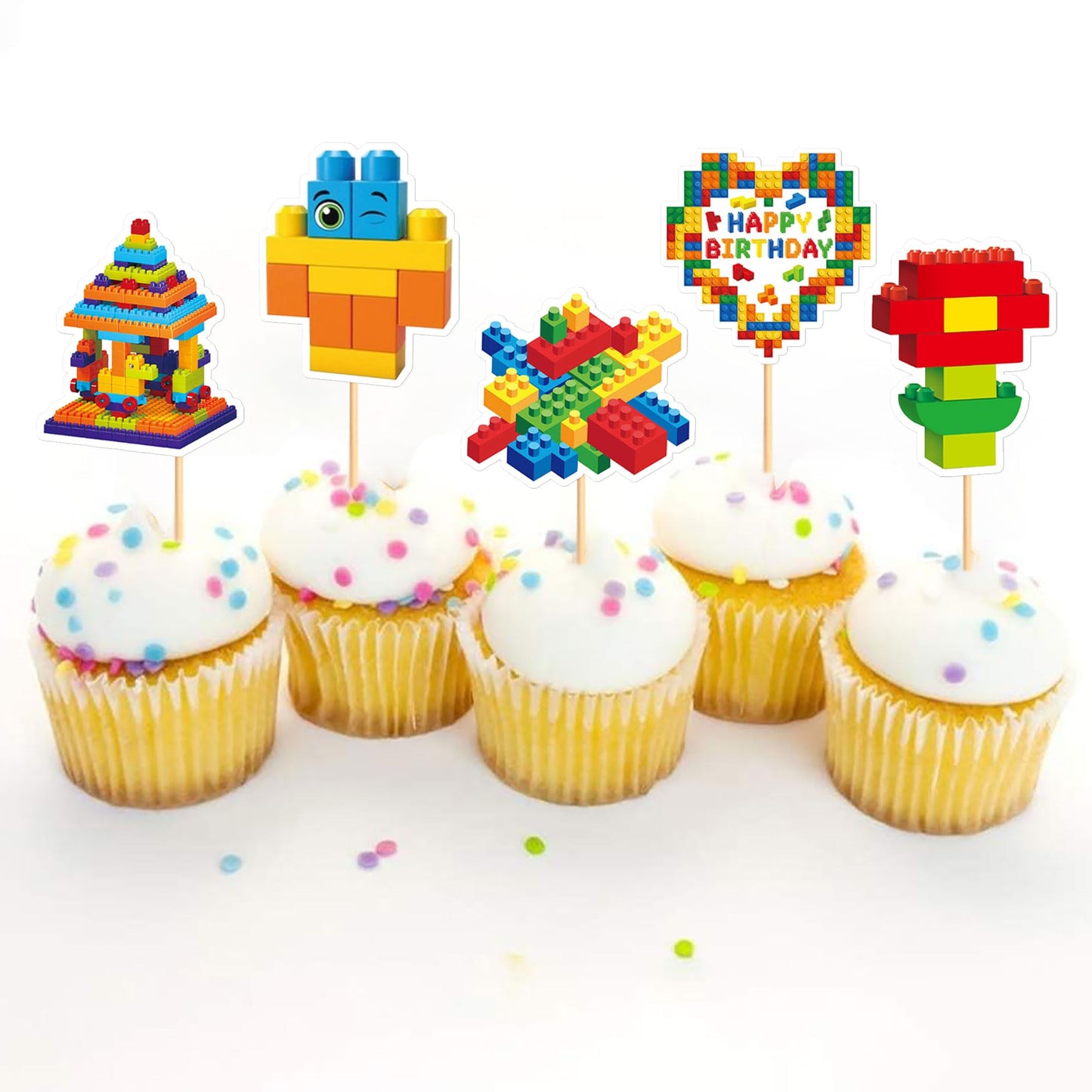 Cyodoos 24Pcs Building Block Cupcake Toppers – Brick Theme Birthday Party Decor