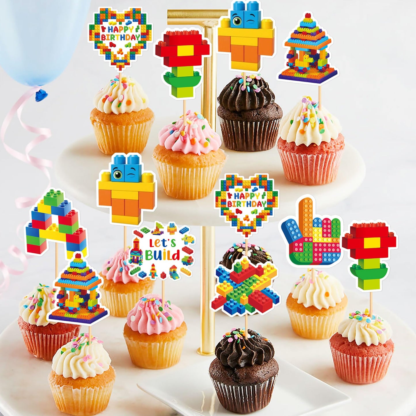 Cyodoos 24Pcs Building Block Cupcake Toppers – Brick Theme Birthday Party Decor