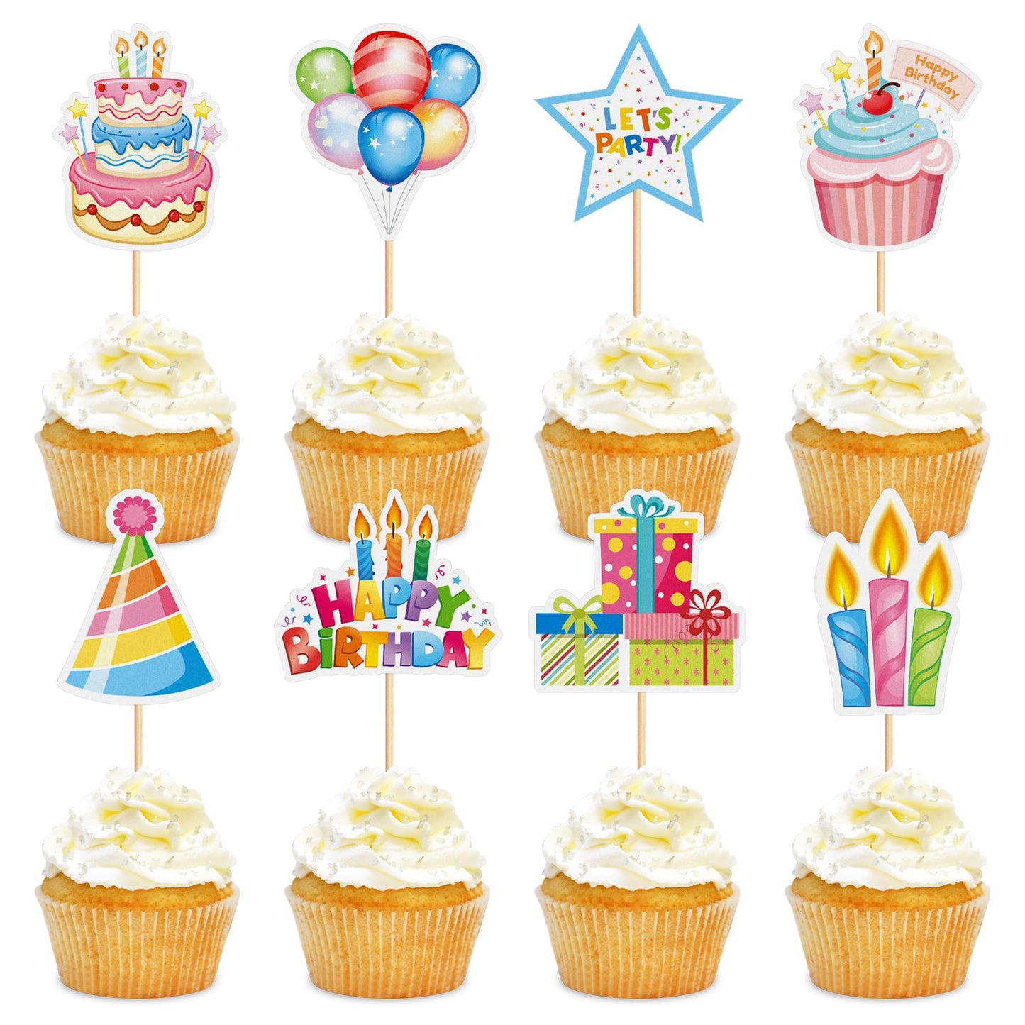 Cyodoos 24pc Colorful Happy Birthday Cupcake Toppers | Kids Party Decor