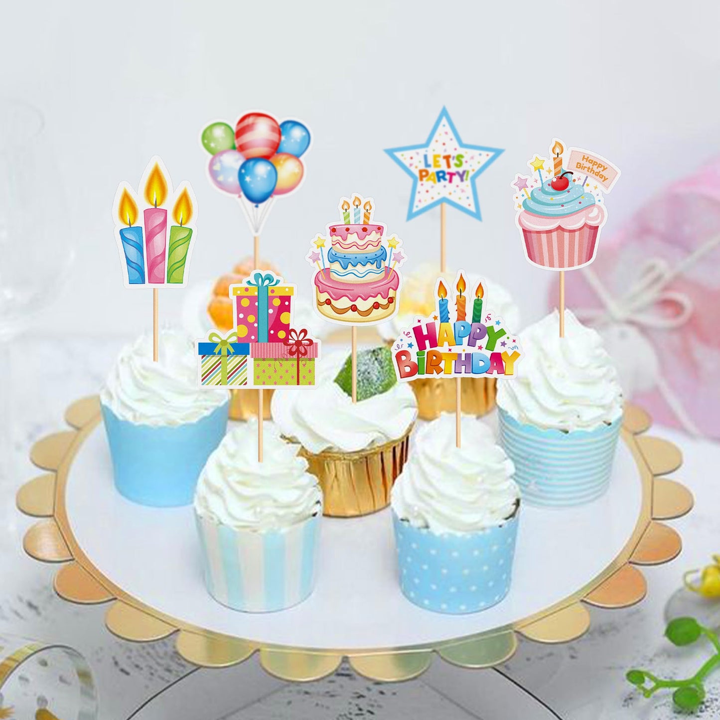 Cyodoos 24pc Colorful Happy Birthday Cupcake Toppers | Kids Party Decor