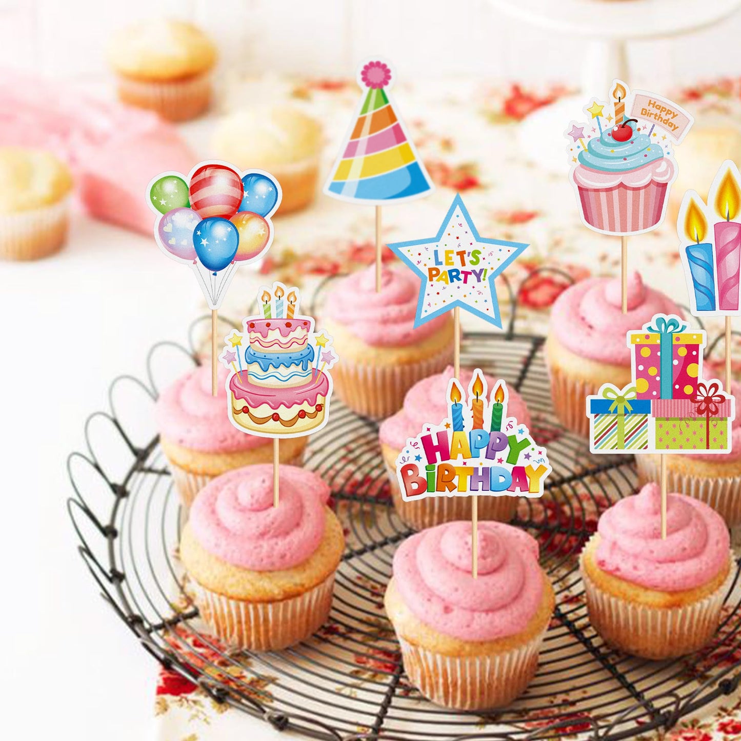 Cyodoos 24pc Colorful Happy Birthday Cupcake Toppers | Kids Party Decor