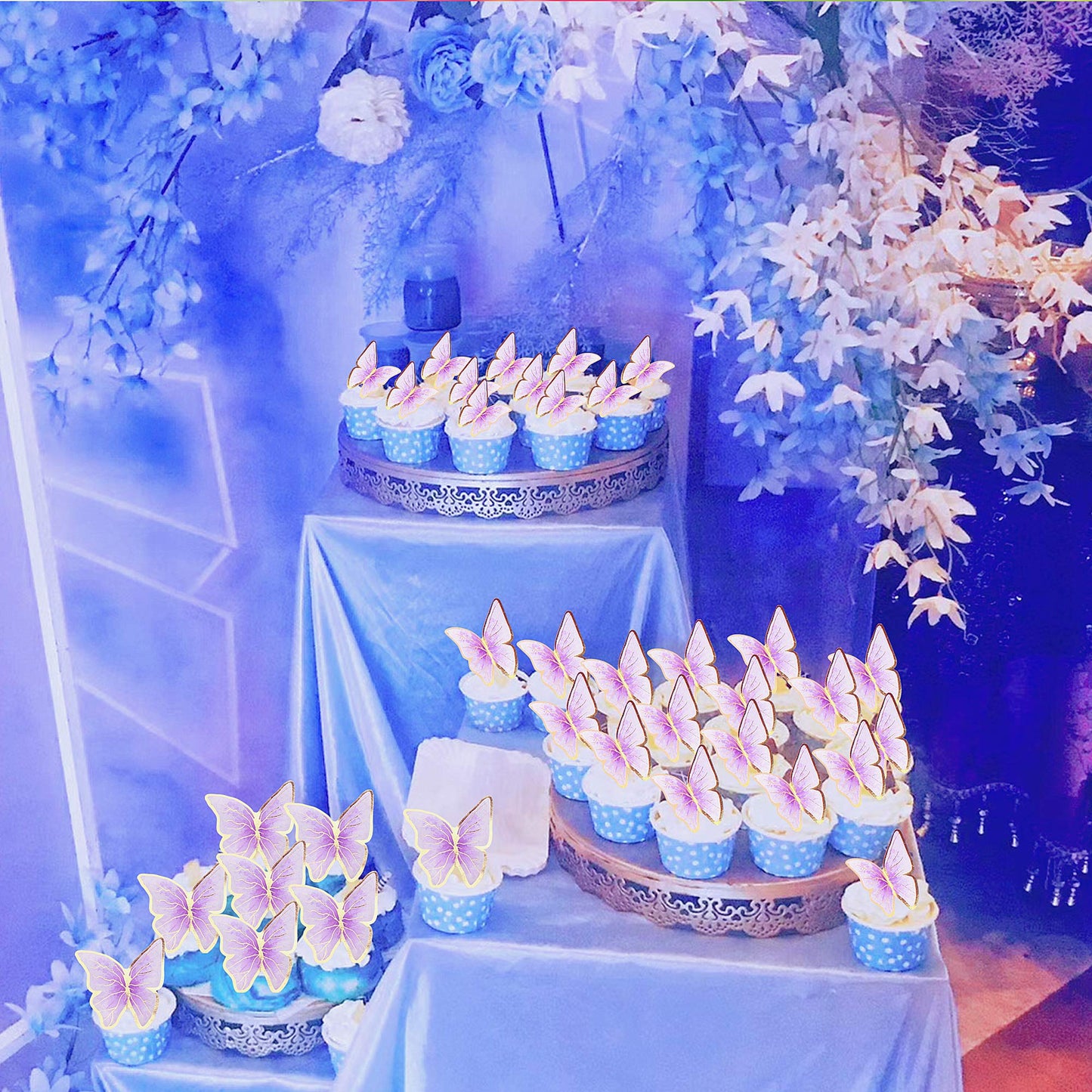 Cyodoos 30pc Purple Gold Edge 3D Butterfly Cake Toppers – Mixed Sizes
