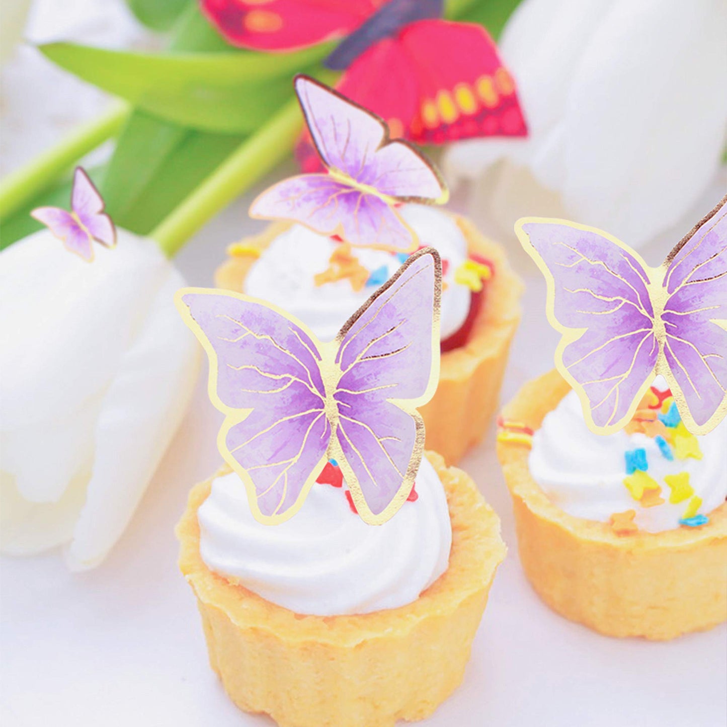 Cyodoos 30pc Purple Gold Edge 3D Butterfly Cake Toppers – Mixed Sizes