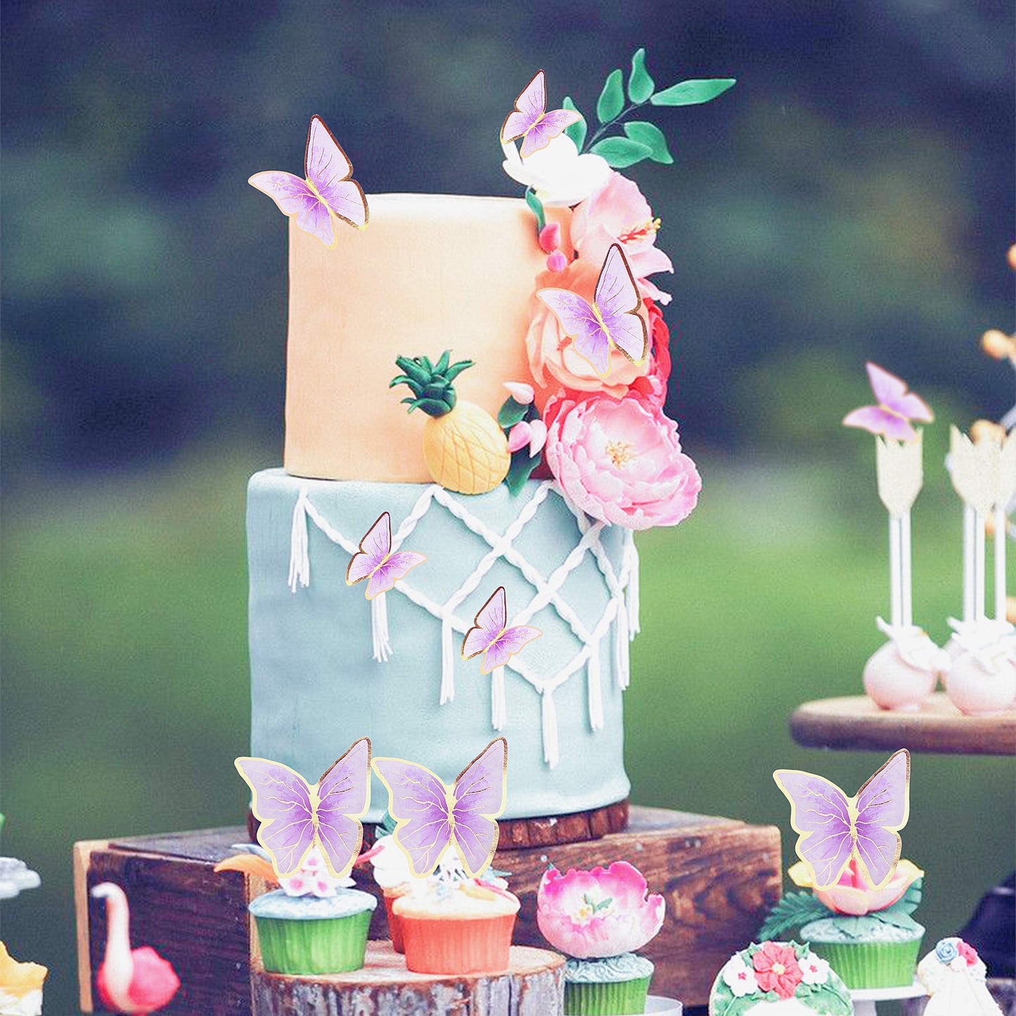 Cyodoos 30pc Purple Gold Edge 3D Butterfly Cake Toppers – Mixed Sizes