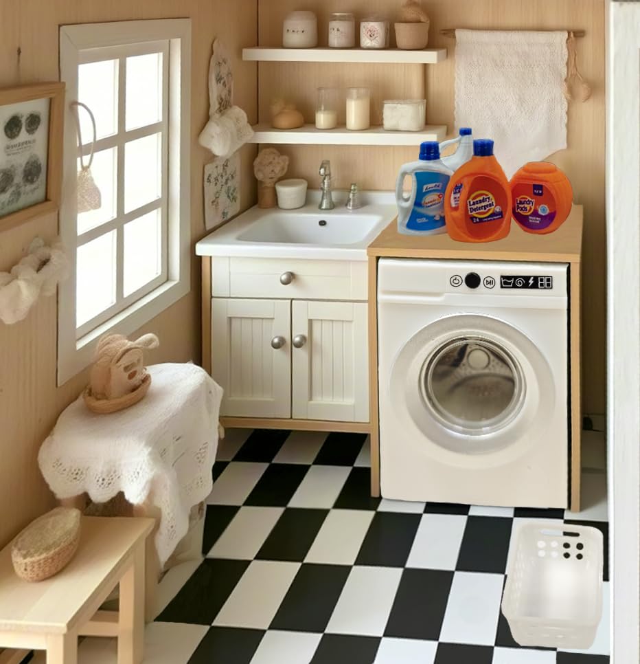 Cyraft 1:12 Scale Miniature Electric Washing Machine & Laundry Set | Realistic Dollhouse Accessories