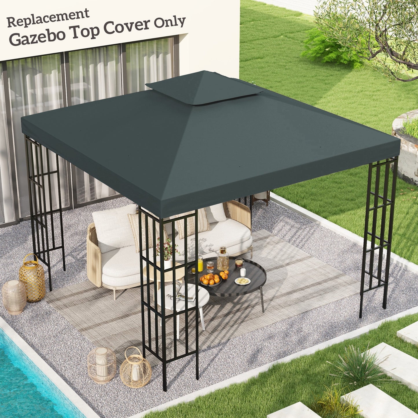 Outsunny 3(m) 2 Tier Gazebo Top Cover Replacement Canopy Roof Charcoal Grey