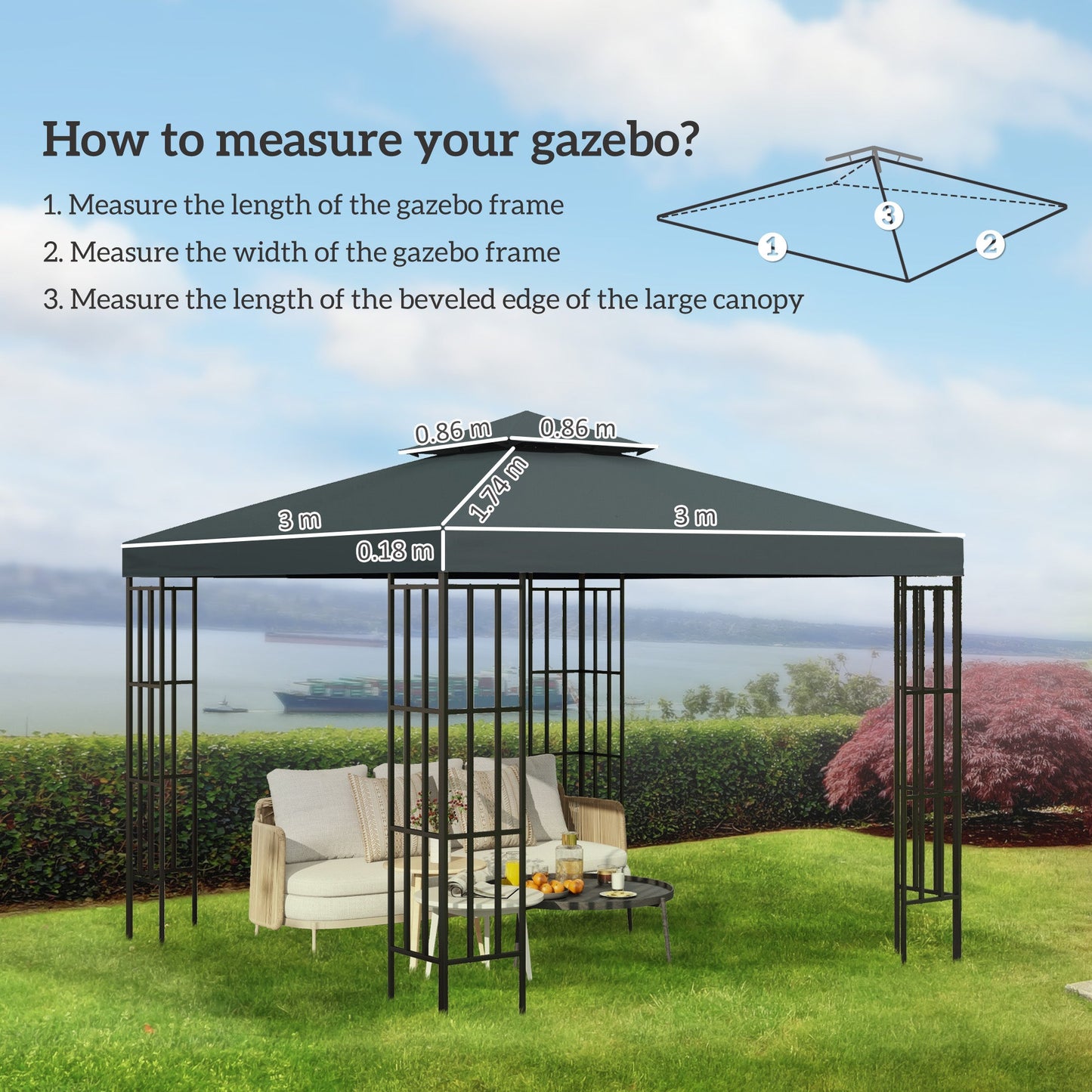 Outsunny 3(m) 2 Tier Gazebo Top Cover Replacement Canopy Roof Charcoal Grey