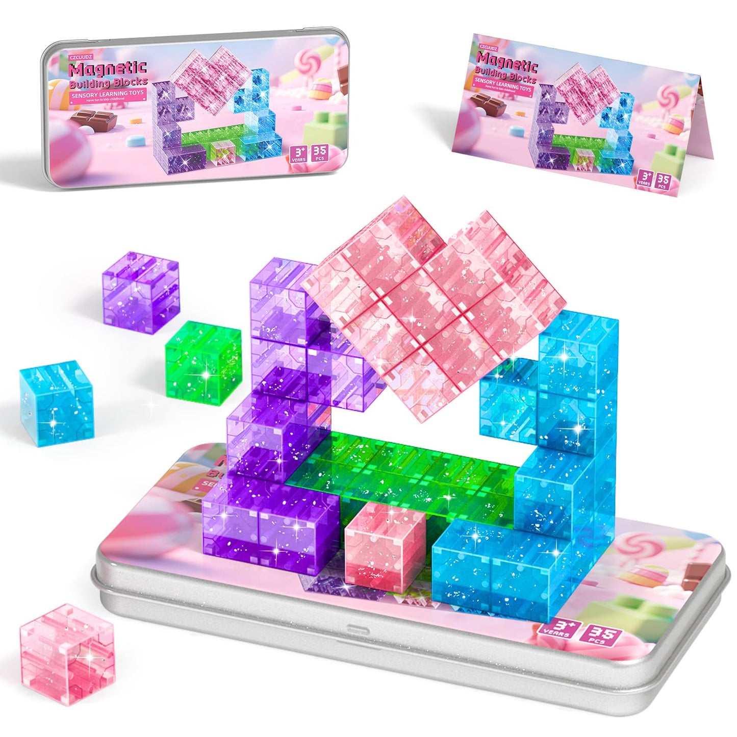 CZCUUDZ Magnetic Blocks Travel Set – 35Pcs Mini Tiles with Portable Iron Box for Ages 3-8