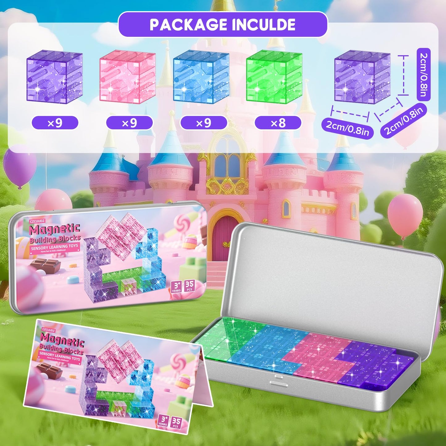 CZCUUDZ Magnetic Blocks Travel Set – 35Pcs Mini Tiles with Portable Iron Box for Ages 3-8