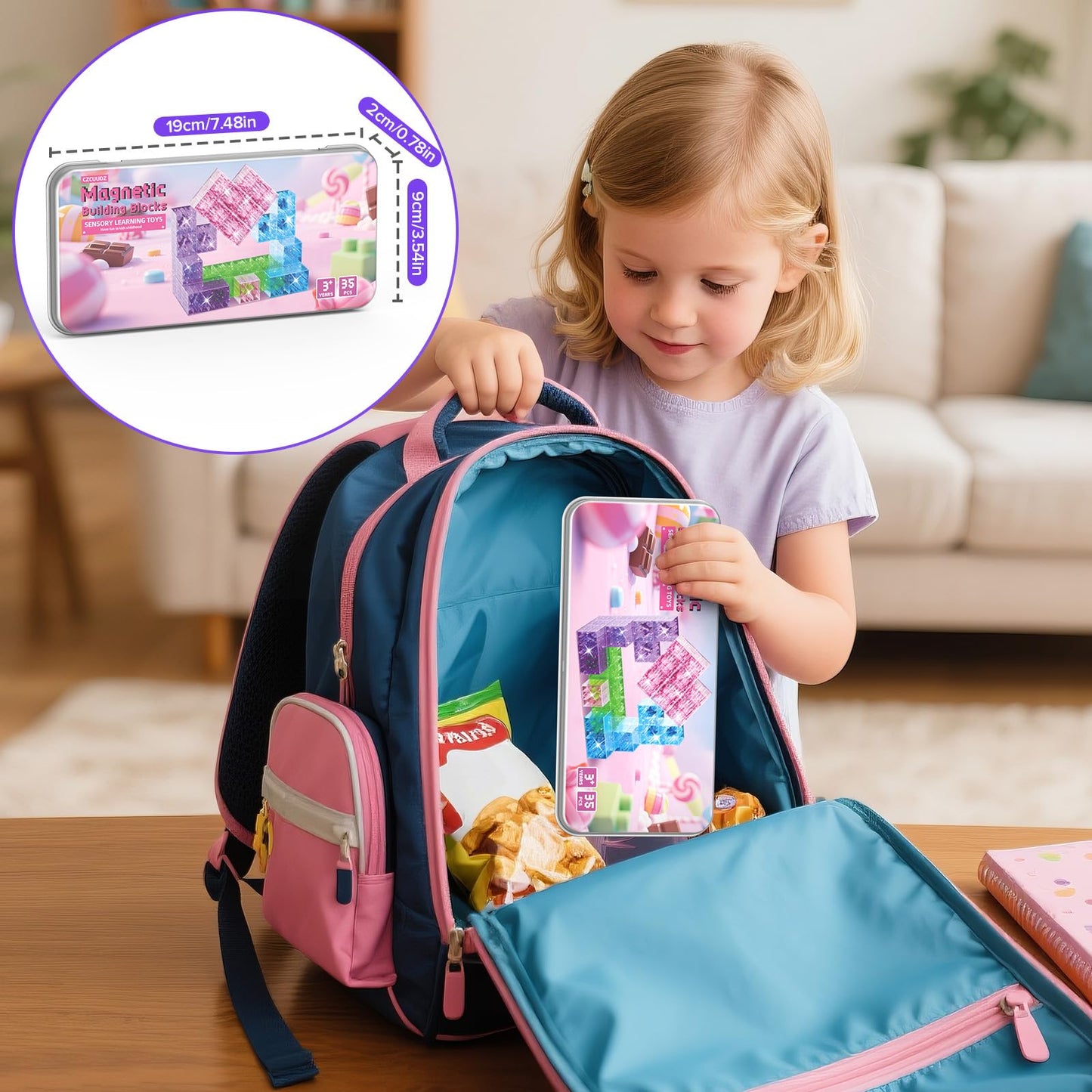 CZCUUDZ Magnetic Blocks Travel Set – 35Pcs Mini Tiles with Portable Iron Box for Ages 3-8
