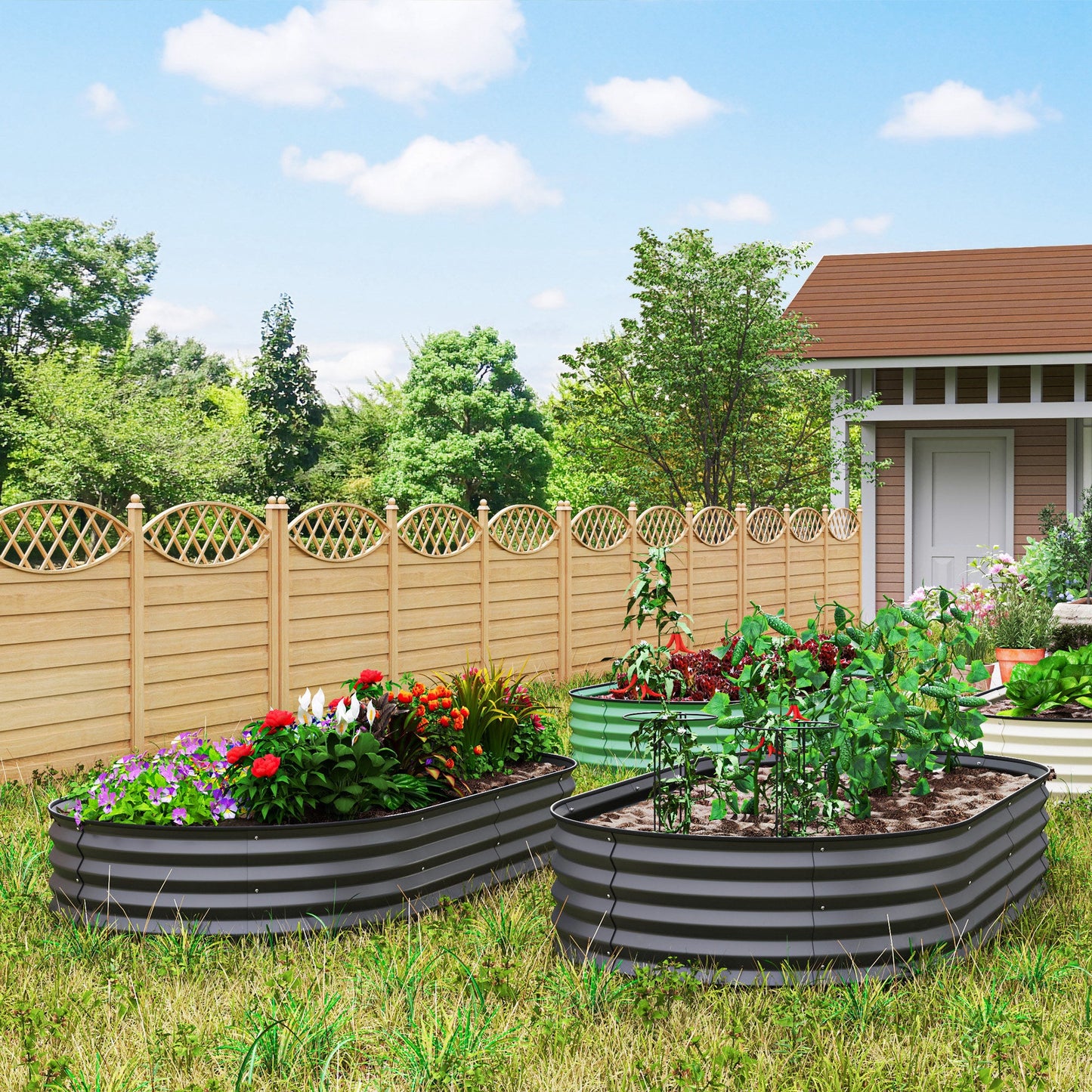 Outsunny Set of 2 Raised Beds for Garden with Metal Plant Stakes, Dark Grey