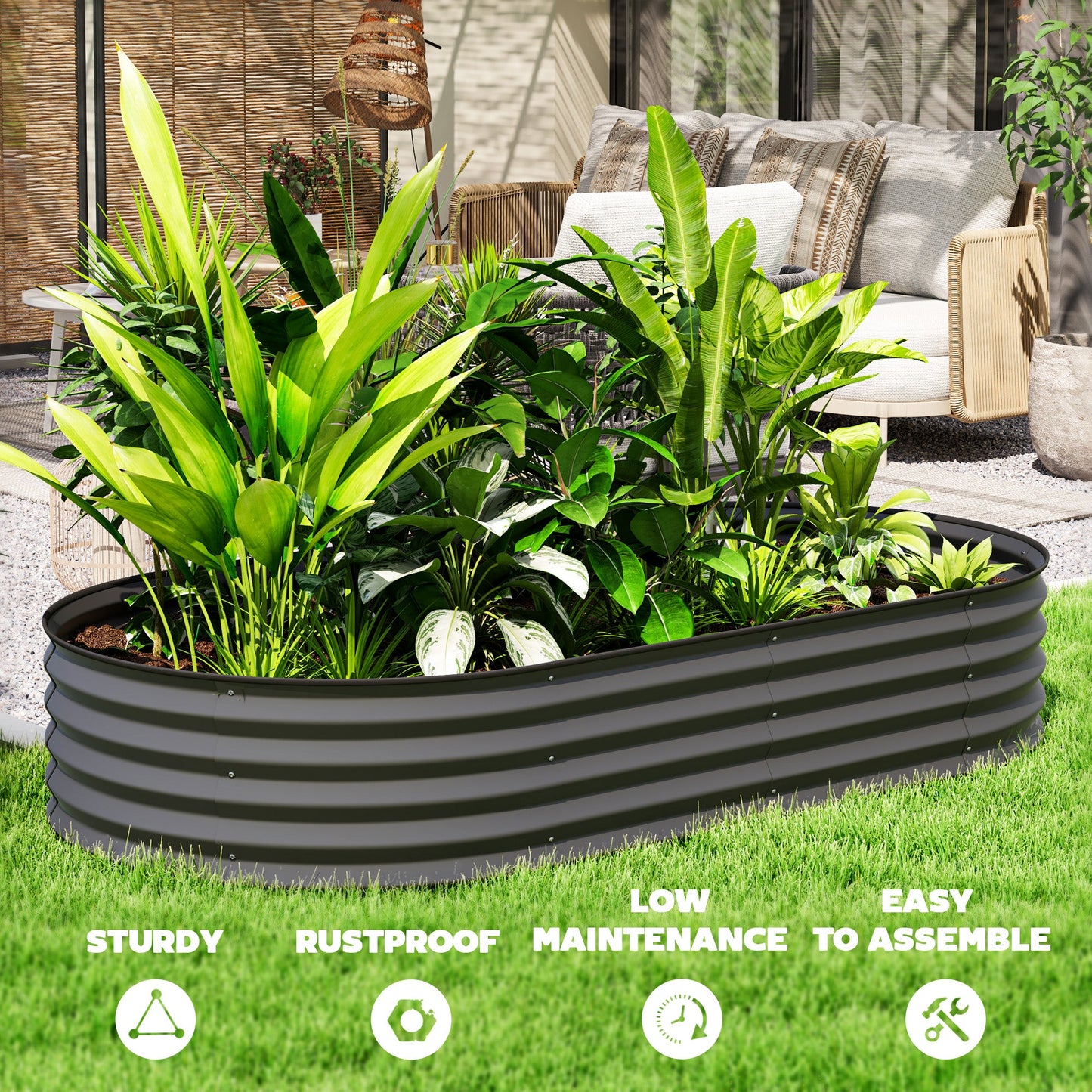 Outsunny Set of 2 Raised Beds for Garden with Metal Plant Stakes, Dark Grey