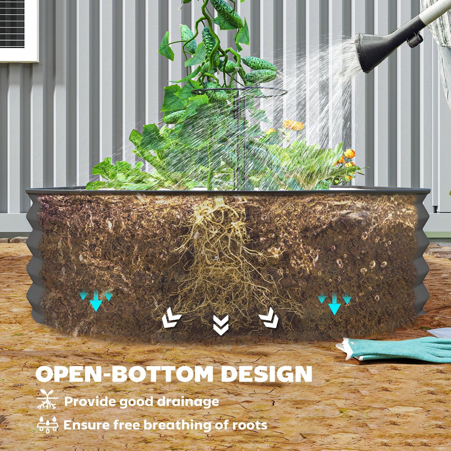 Outsunny Set of 2 Raised Beds for Garden with Metal Plant Stakes, Dark Grey