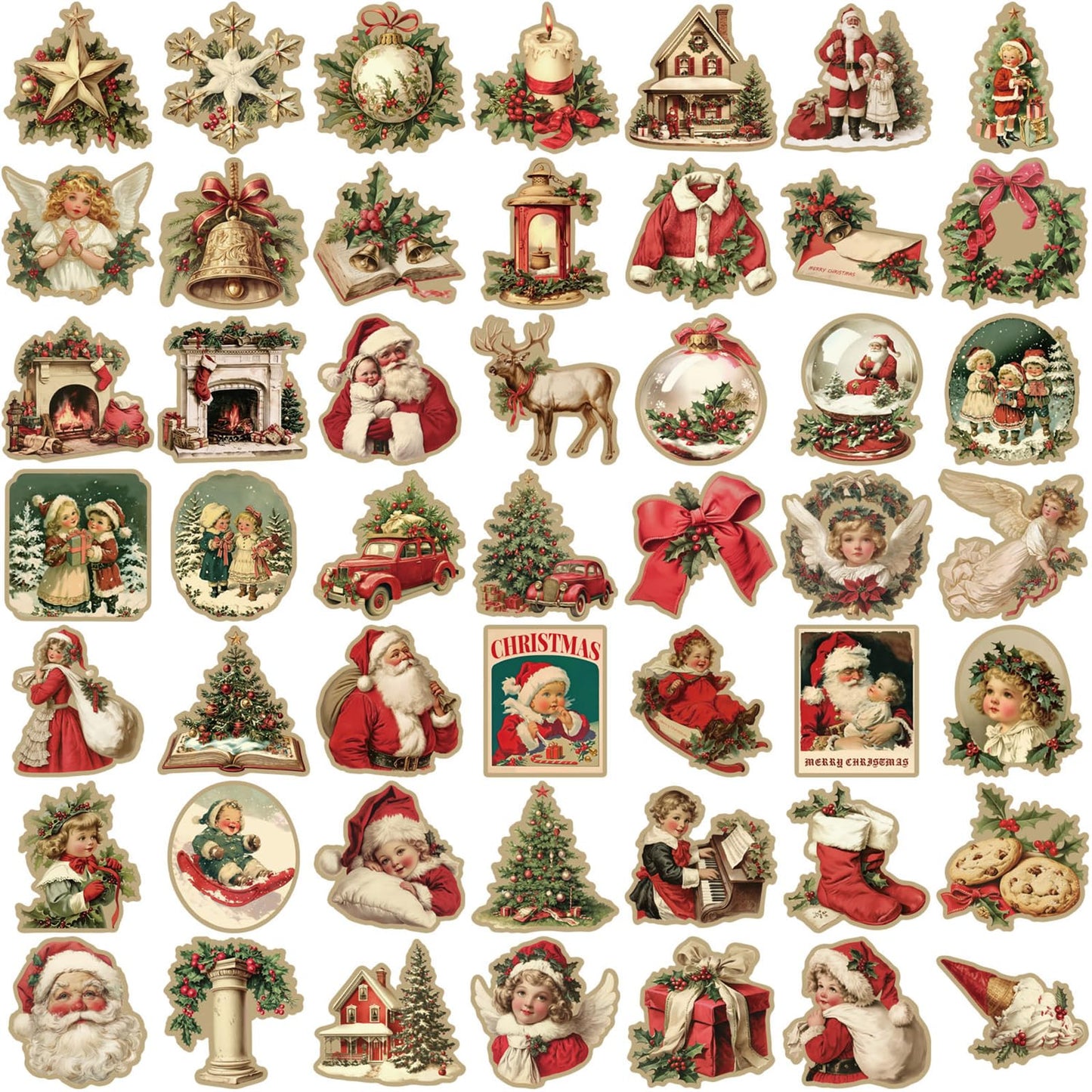 CZSWMD Vintage Christmas 50-Piece Sticker Pack – Waterproof Non-Repeating Vinyl for Laptops, Backpacks & More