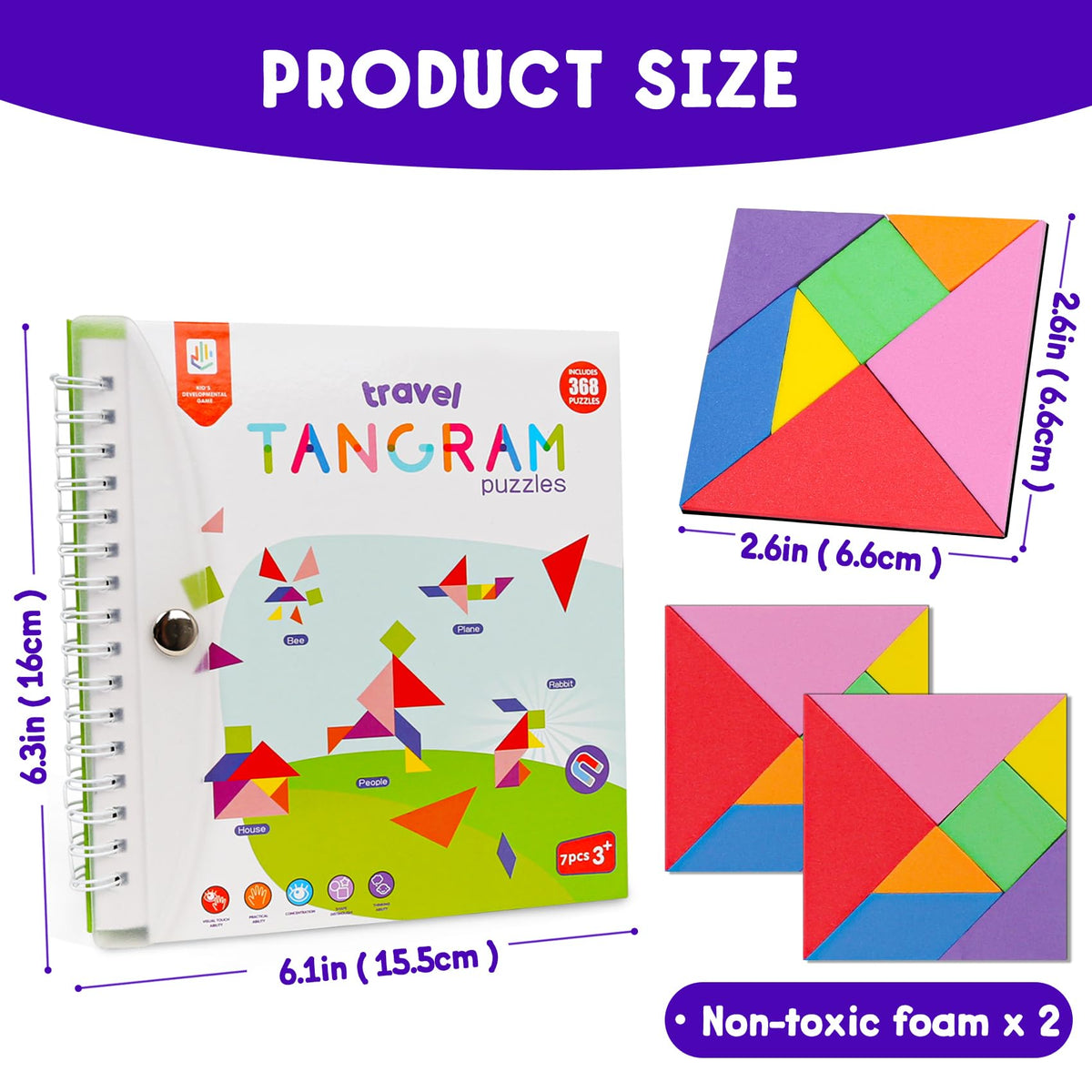 CZTCDP Travel Tangram Puzzle – Magnetic Boards, 368 Patterns, STEM Educational Toy