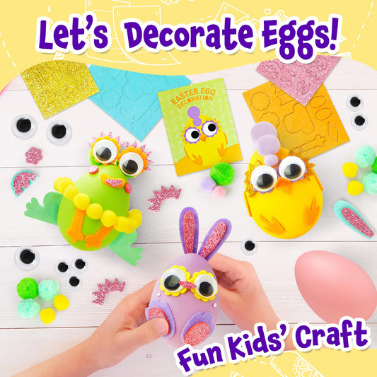 CZTCDP 6 Pcs Plastic Easter Egg Set — Pom Poms, Felt Decorations & DIY Craft Activity Kit for Kids