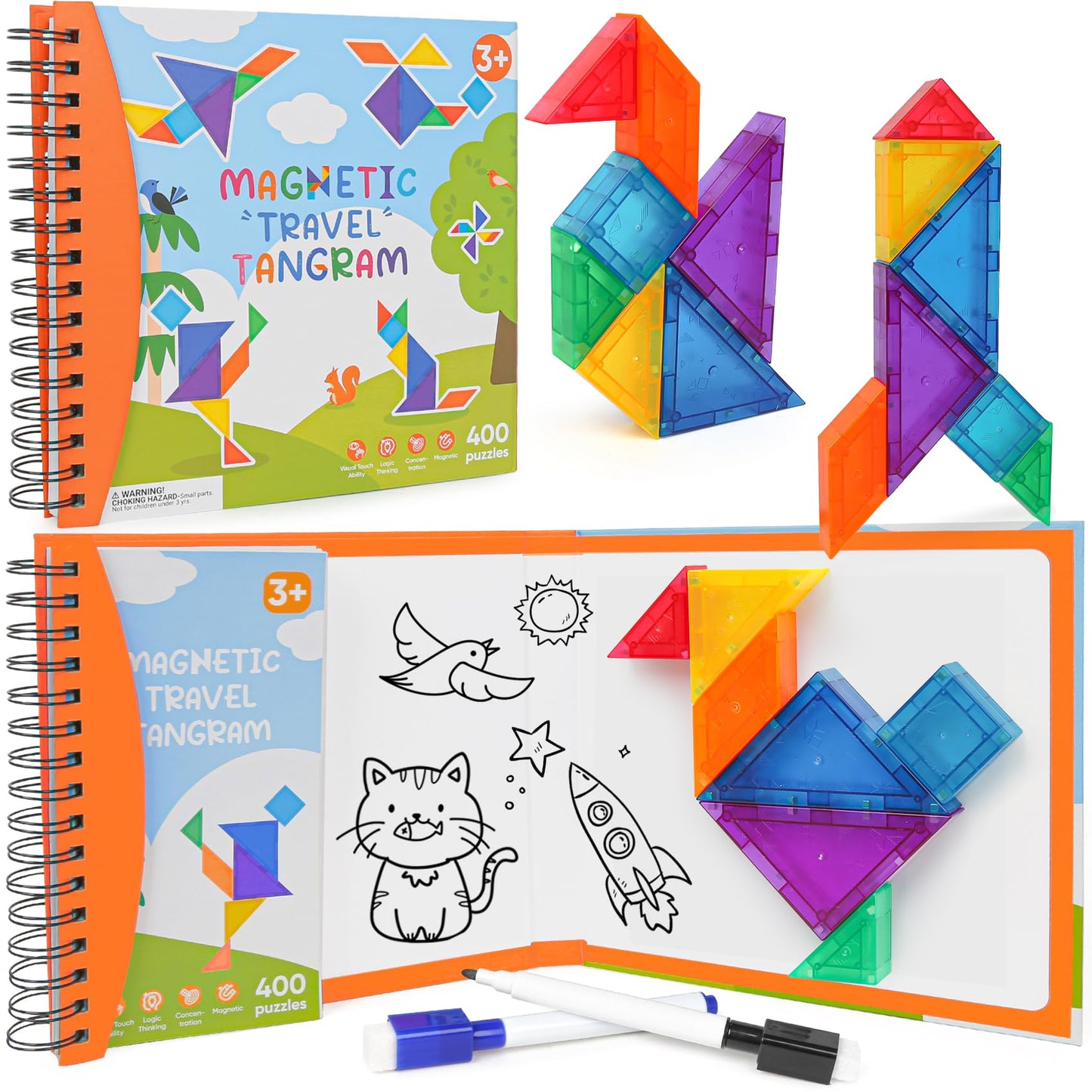 CZTCDP Travel Magnetic Tangram Puzzle – 3D Blocks & 360 Puzzles for Travel