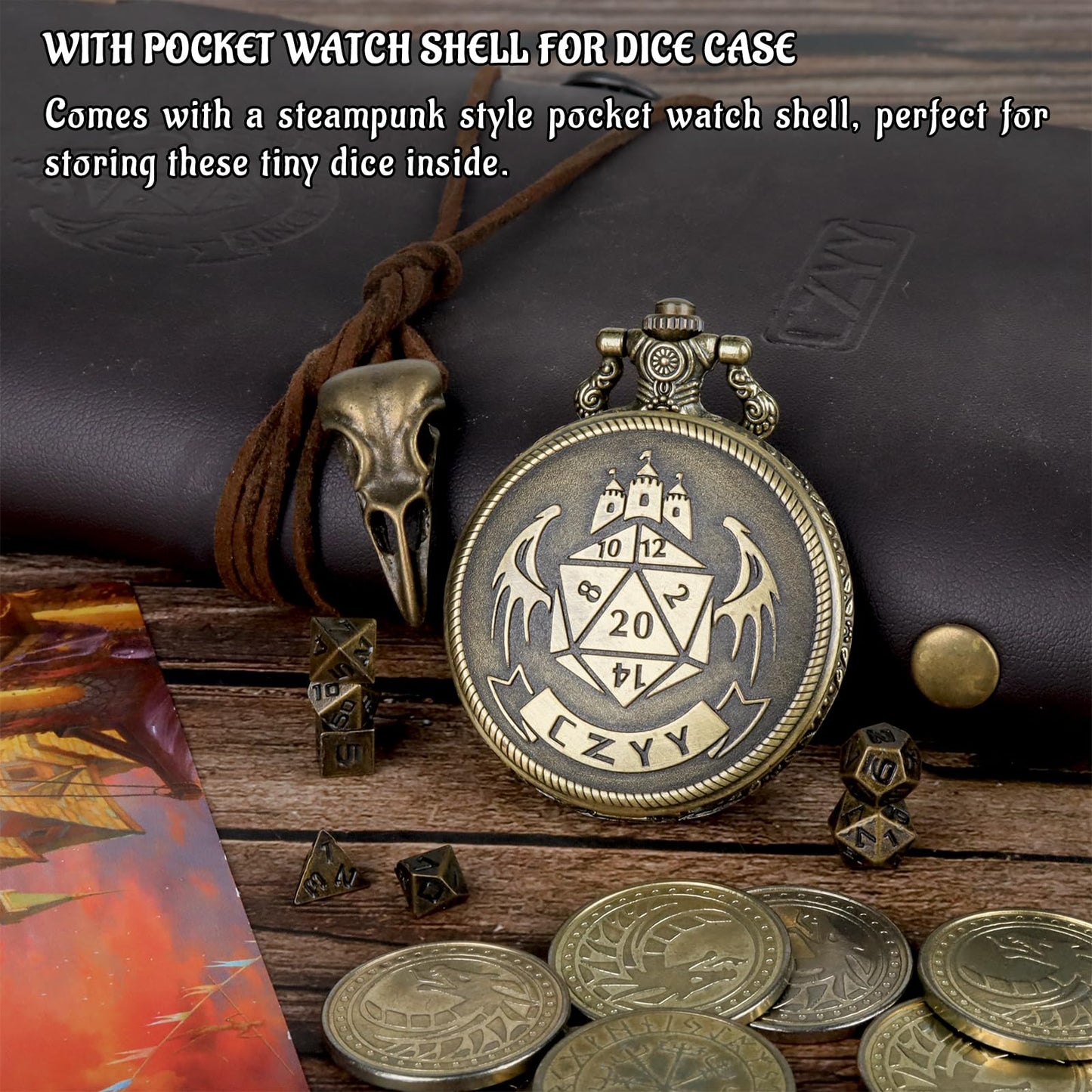 CZYY DND 6mm Micro Polyhedral Dice Set with Pocket Watch Shell Case – Bronze