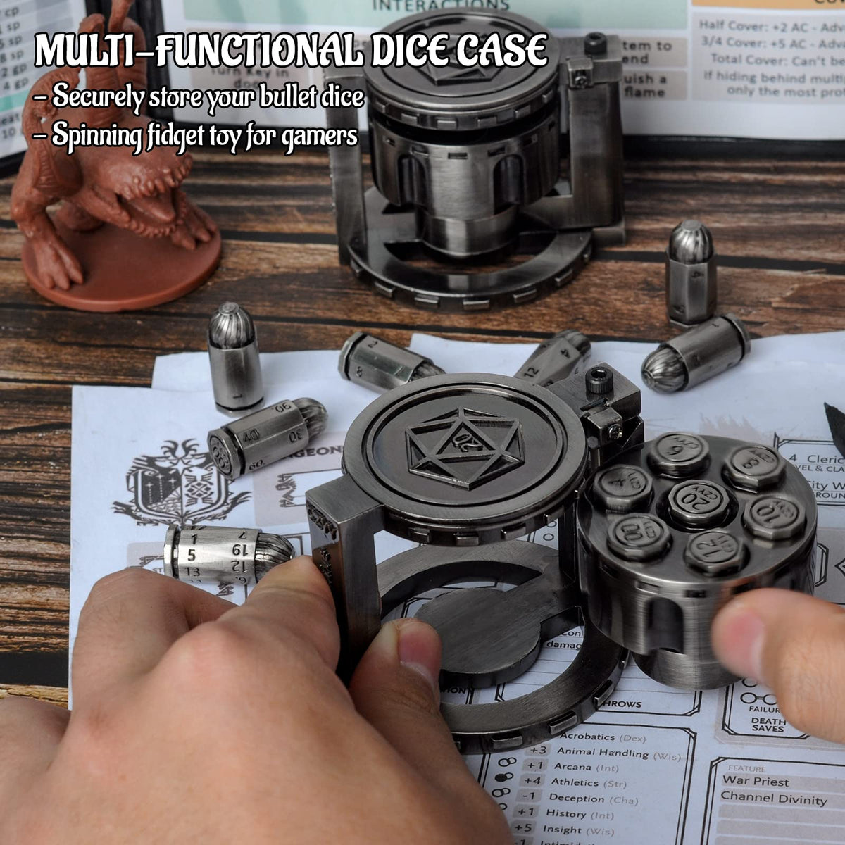 CZYY Metal Bullet Dice Set – 7 Polyhedral Dice with Spinning Revolver Cylinder (Cyberpunk)