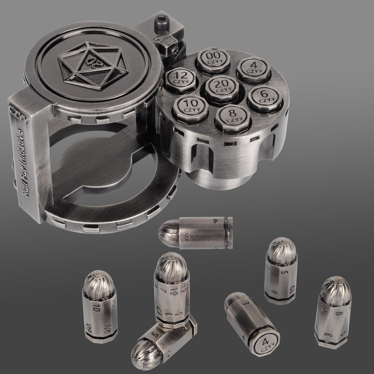 CZYY Metal Bullet Dice Set – 7 Polyhedral Dice with Spinning Revolver Cylinder (Cyberpunk)