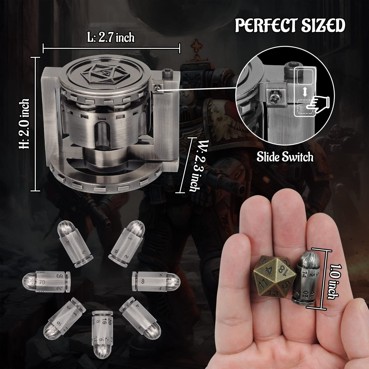 CZYY Metal Bullet Dice Set – 7 Polyhedral Dice with Spinning Revolver Cylinder (Cyberpunk)