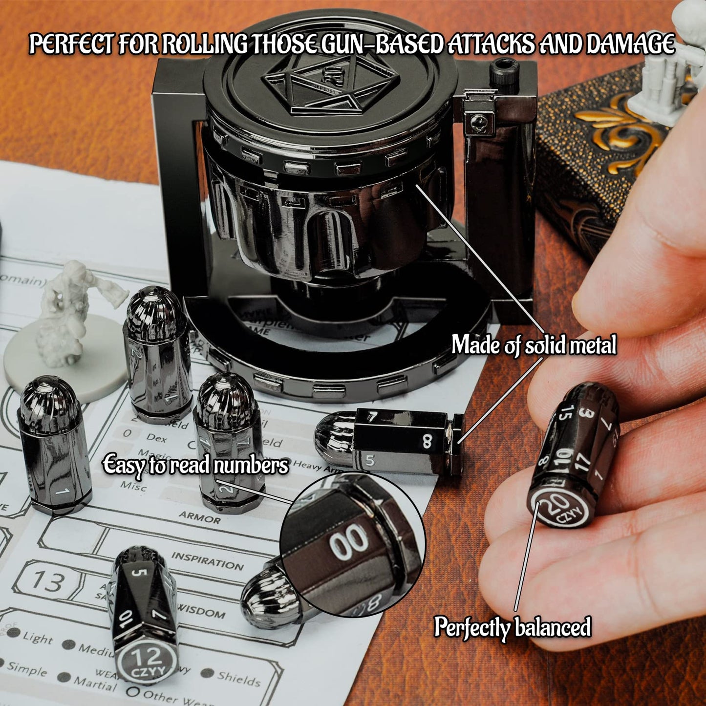 CZYY Metal Bullet Dice Set – 7 Dice with Spinning Cylinder Container (Cyberpunk D&D)