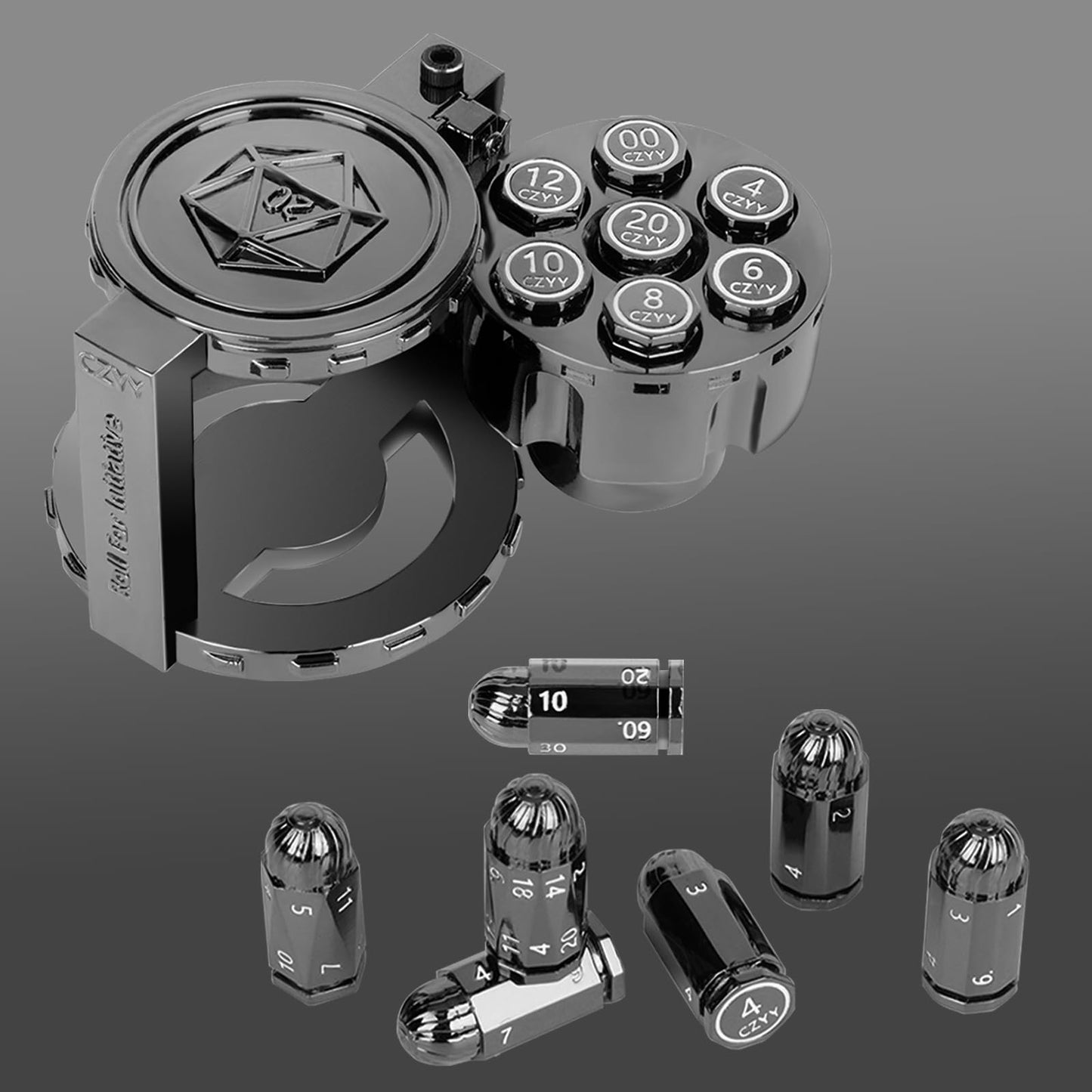 CZYY Metal Bullet Dice Set – 7 Dice with Spinning Cylinder Container (Cyberpunk D&D)