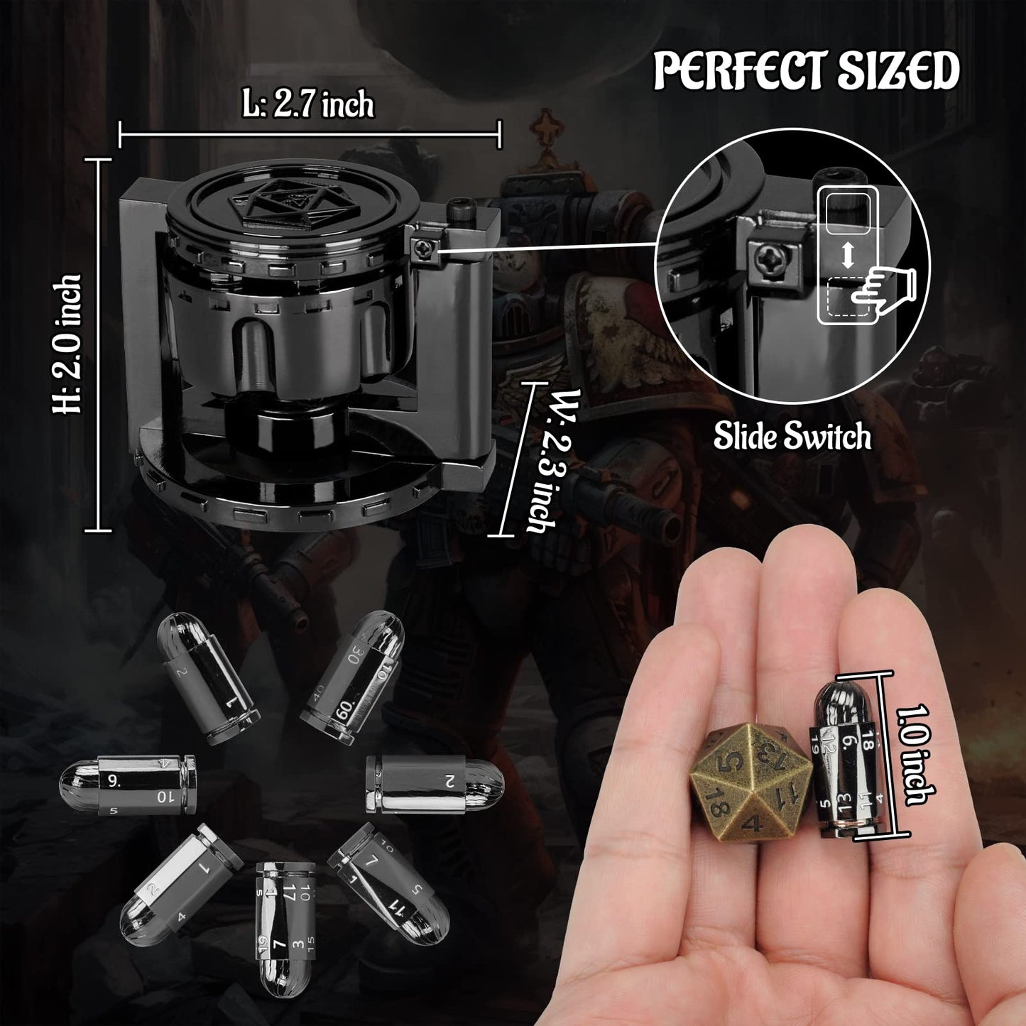 CZYY Metal Bullet Dice Set – 7 Dice with Spinning Cylinder Container (Cyberpunk D&D)