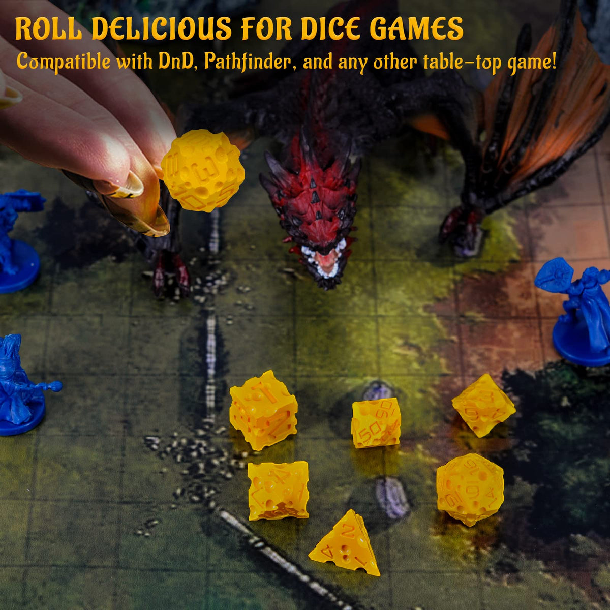 CZYY DND Cheese Dice Set – 7PCS 3D Printed Polyhedral Dice for D&D, Pathfinder & RPG